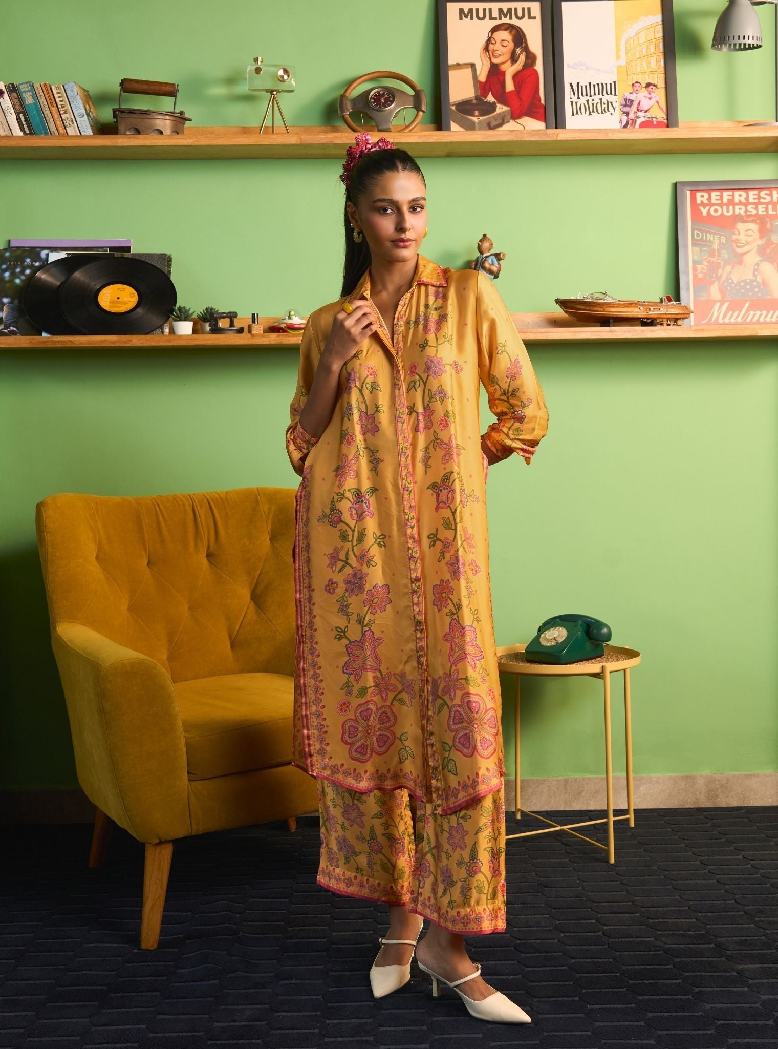 Mrina Cupro Satin Mustard Long Shirt Co-ord Set