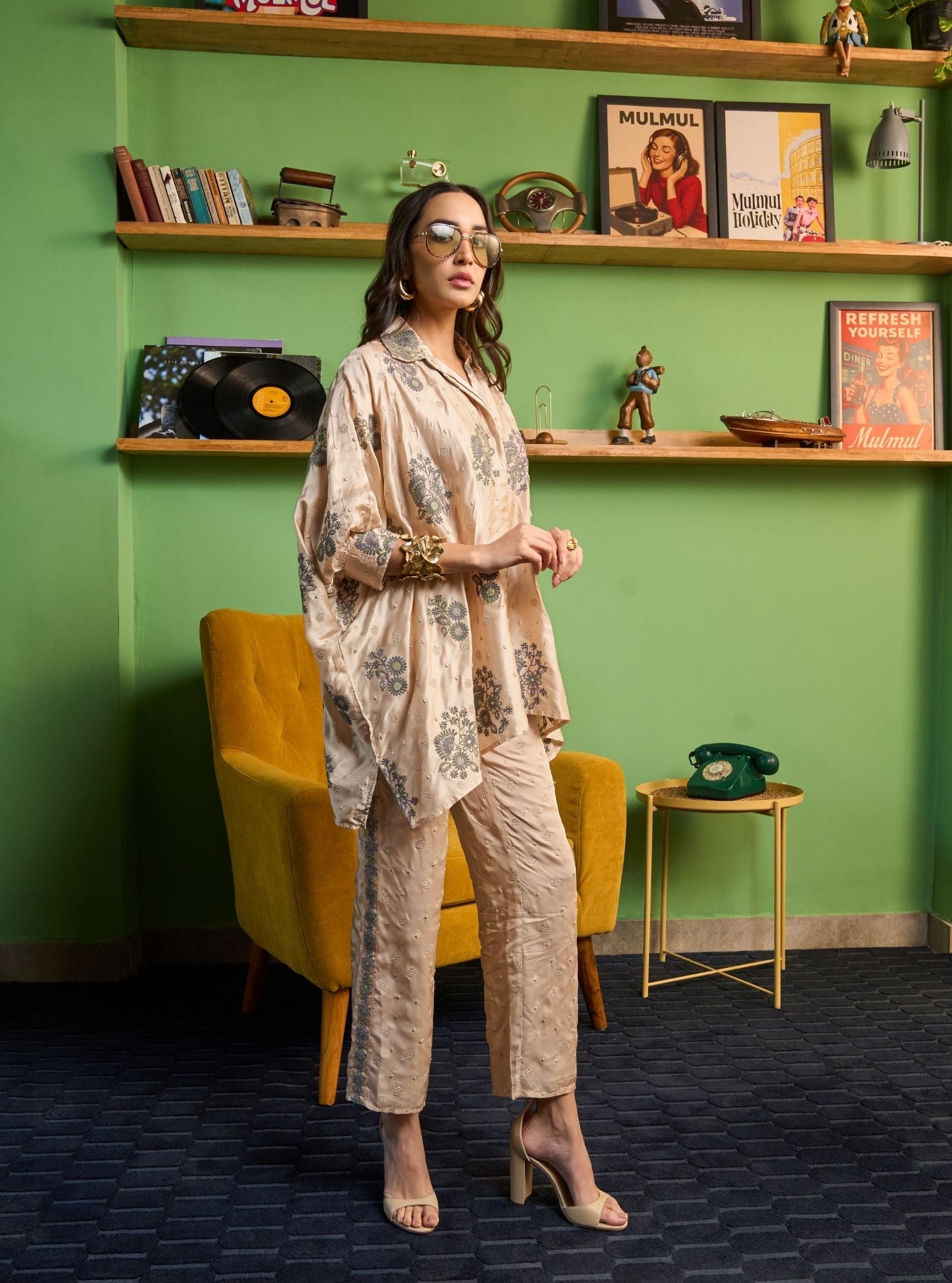 Siyaahi Cupro Satin Champagne Printed Shirt Set