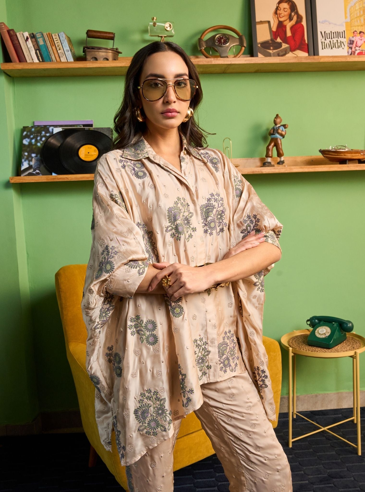 Siyaahi Cupro Satin Champagne Printed Shirt Set