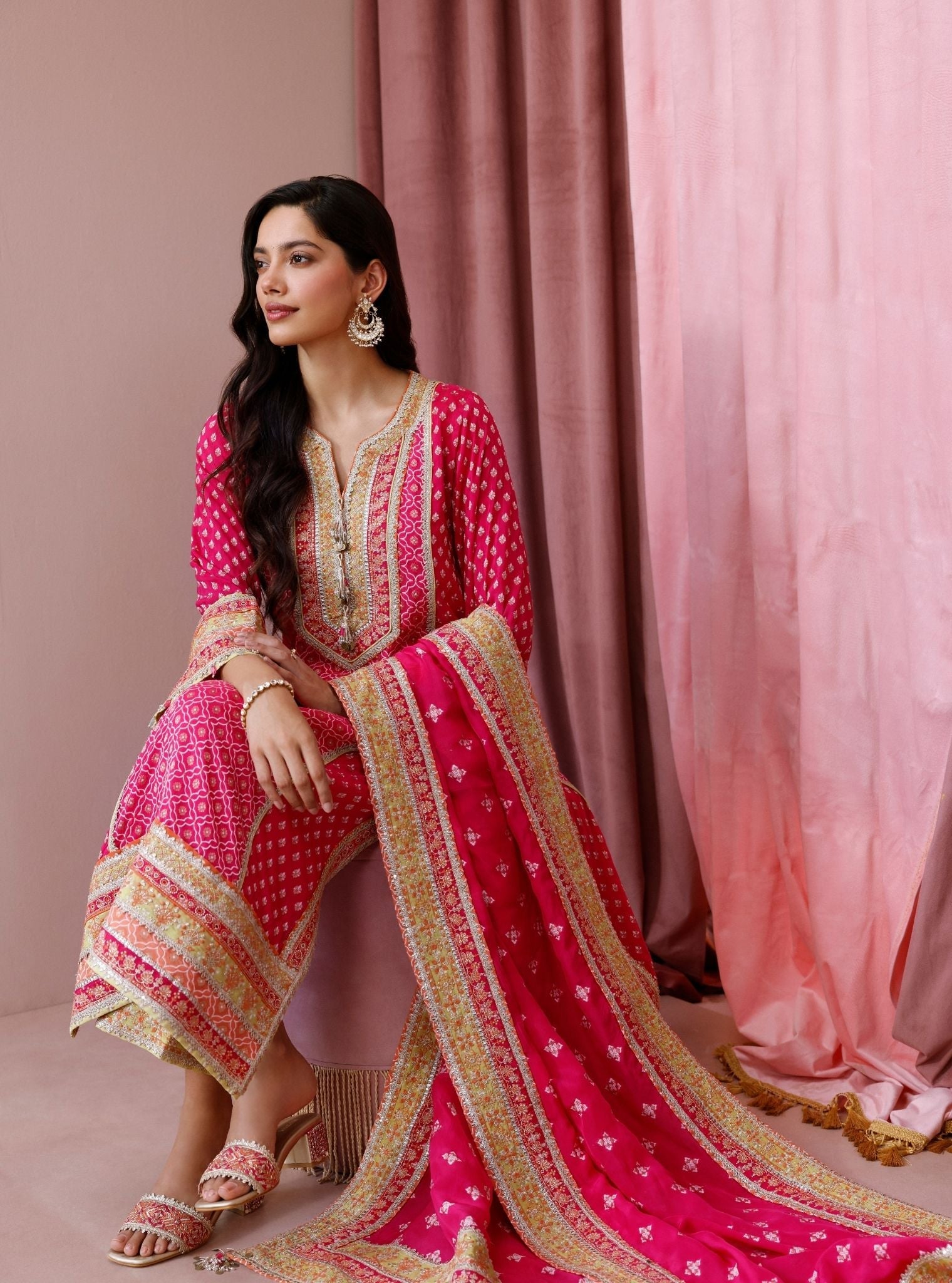 Orelia Banarsi Fuchsia Long Kurta Set