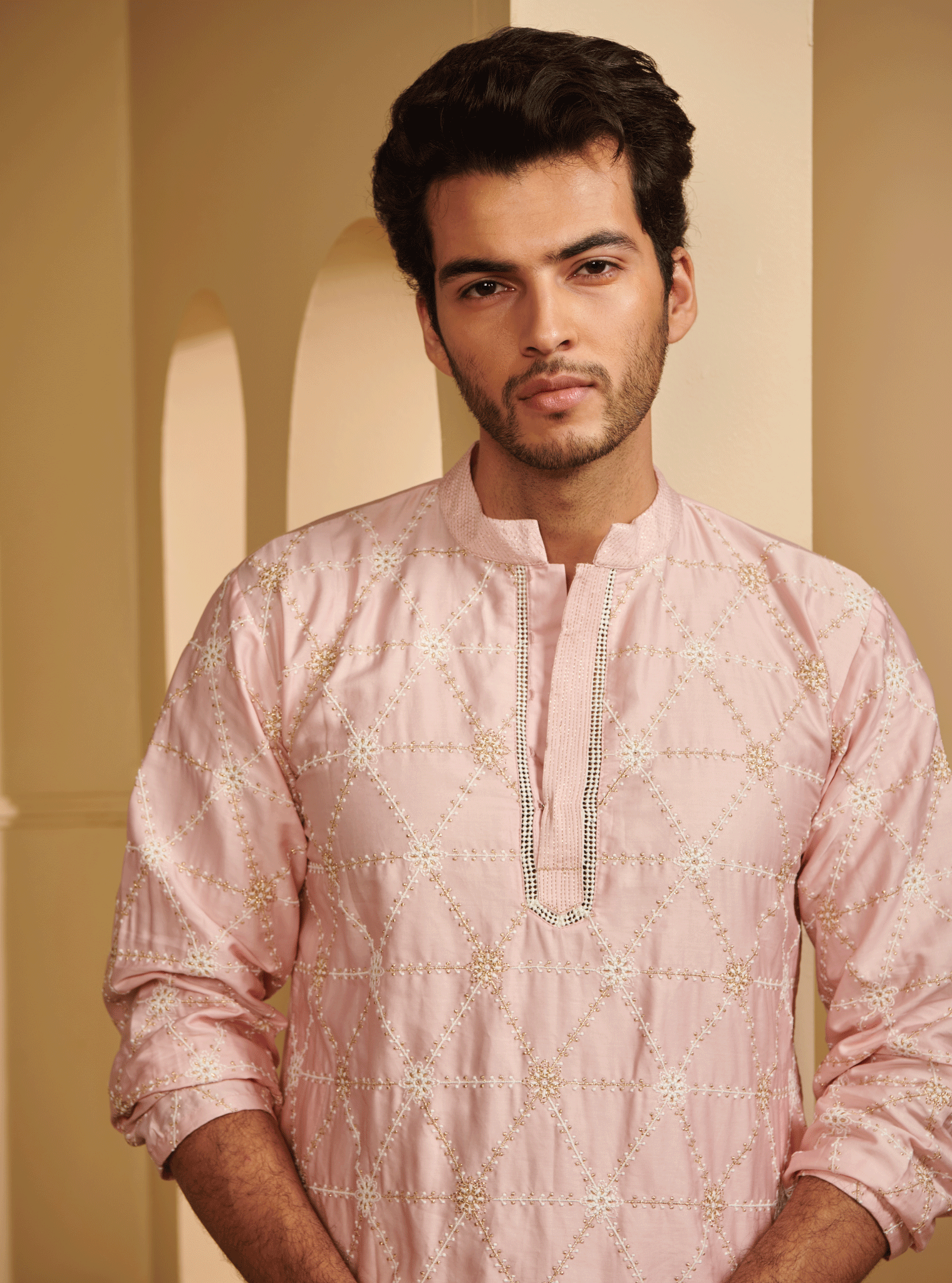 Mulmul Pima Satin Vara Pink Kurta With Mulmul Supima Cotton Vara White Pyajama