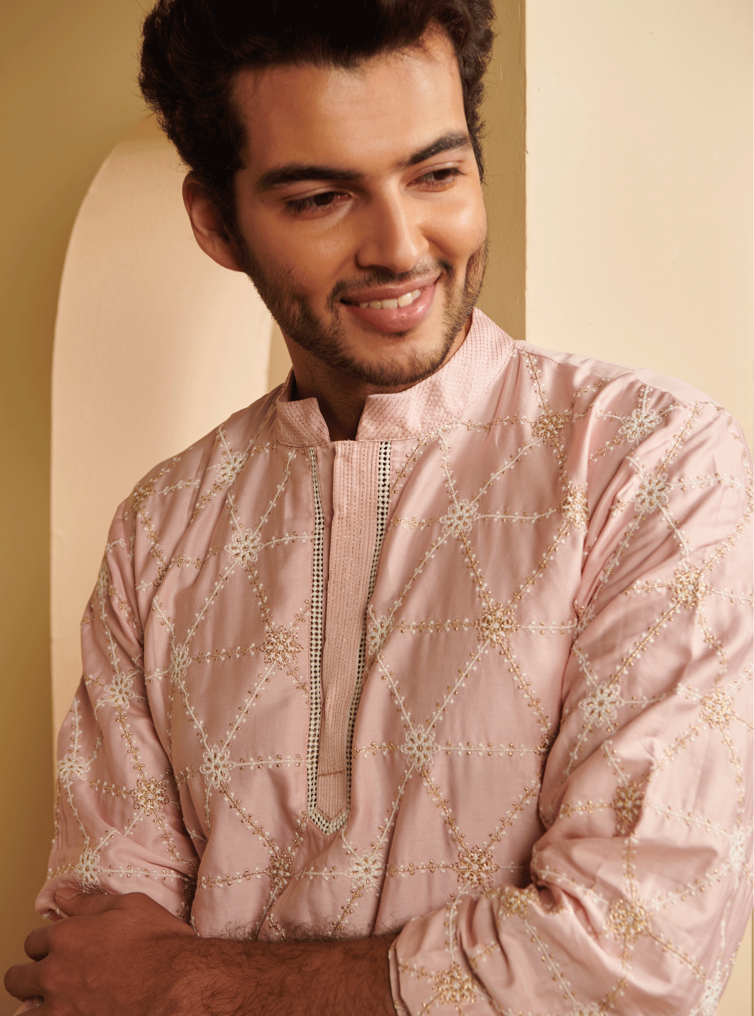 Mulmul Pima Satin Vara Pink Kurta With Mulmul Supima Cotton Vara White Pyajama