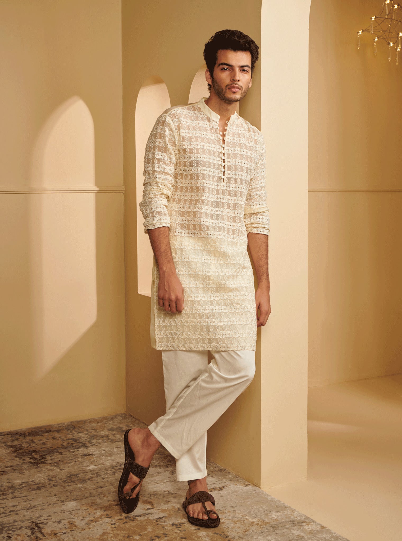 Mulmul Organza Zeke Off White Kurta With Mulmul Supima Cotton Zeke Off White Pyajama