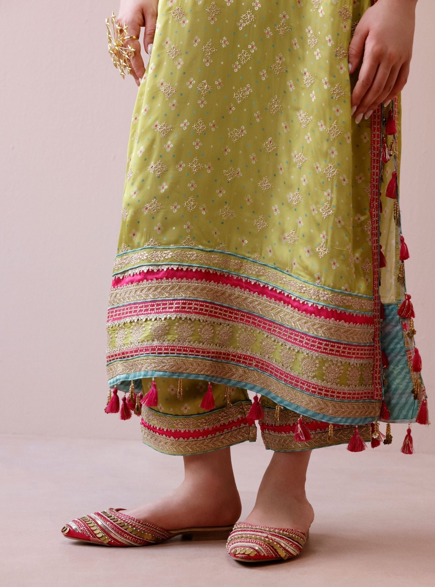 Lavya Cupro Satin Printed Lime Kurta Set