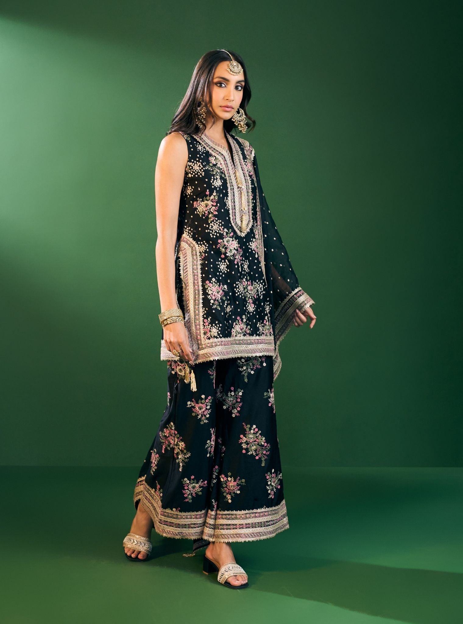 Lami Pima Satin Black Kurta With Flared Bell-Bottom Pants
