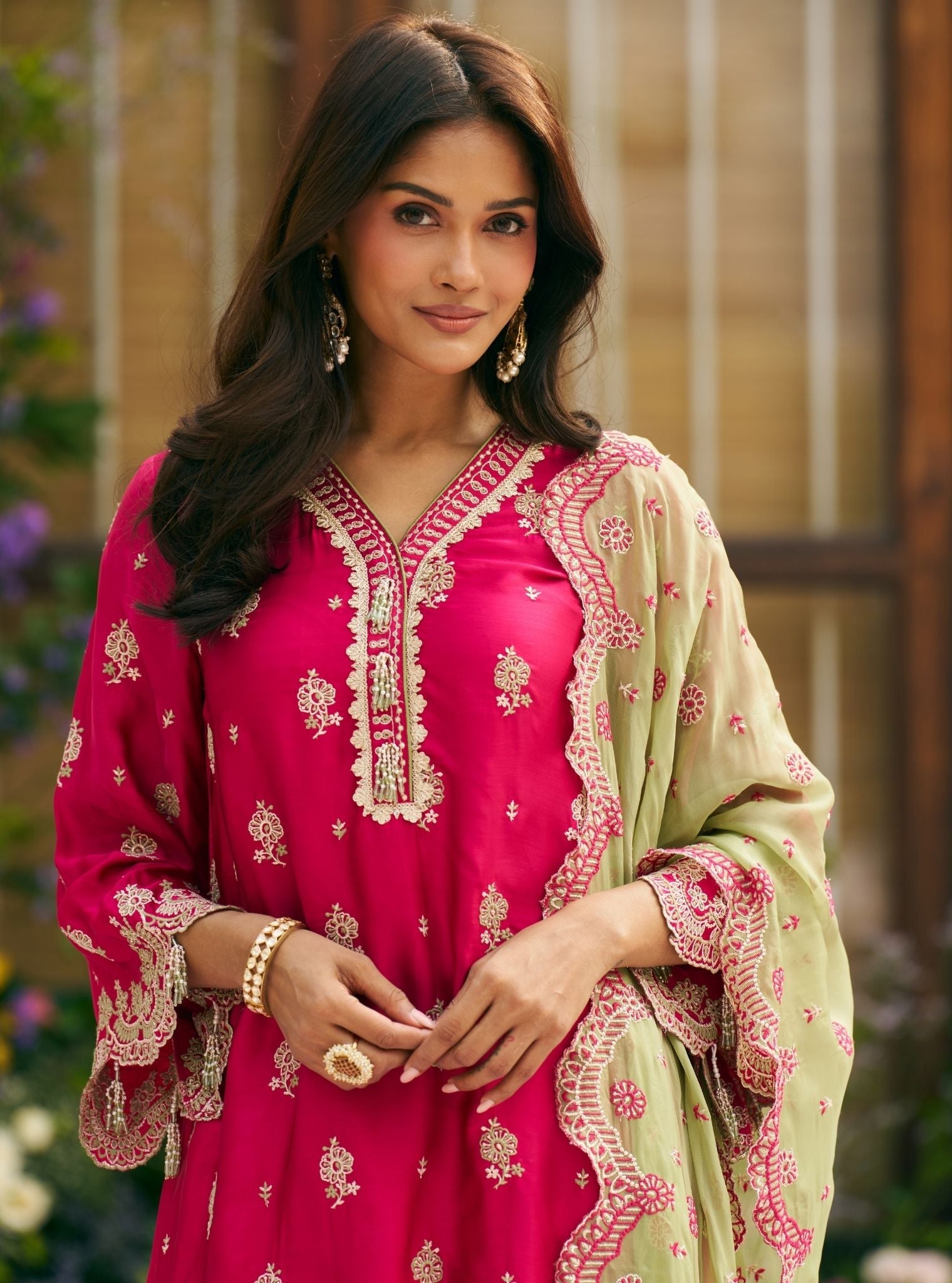 Phulkari Cupro Satin Rani Pink Kurta Set