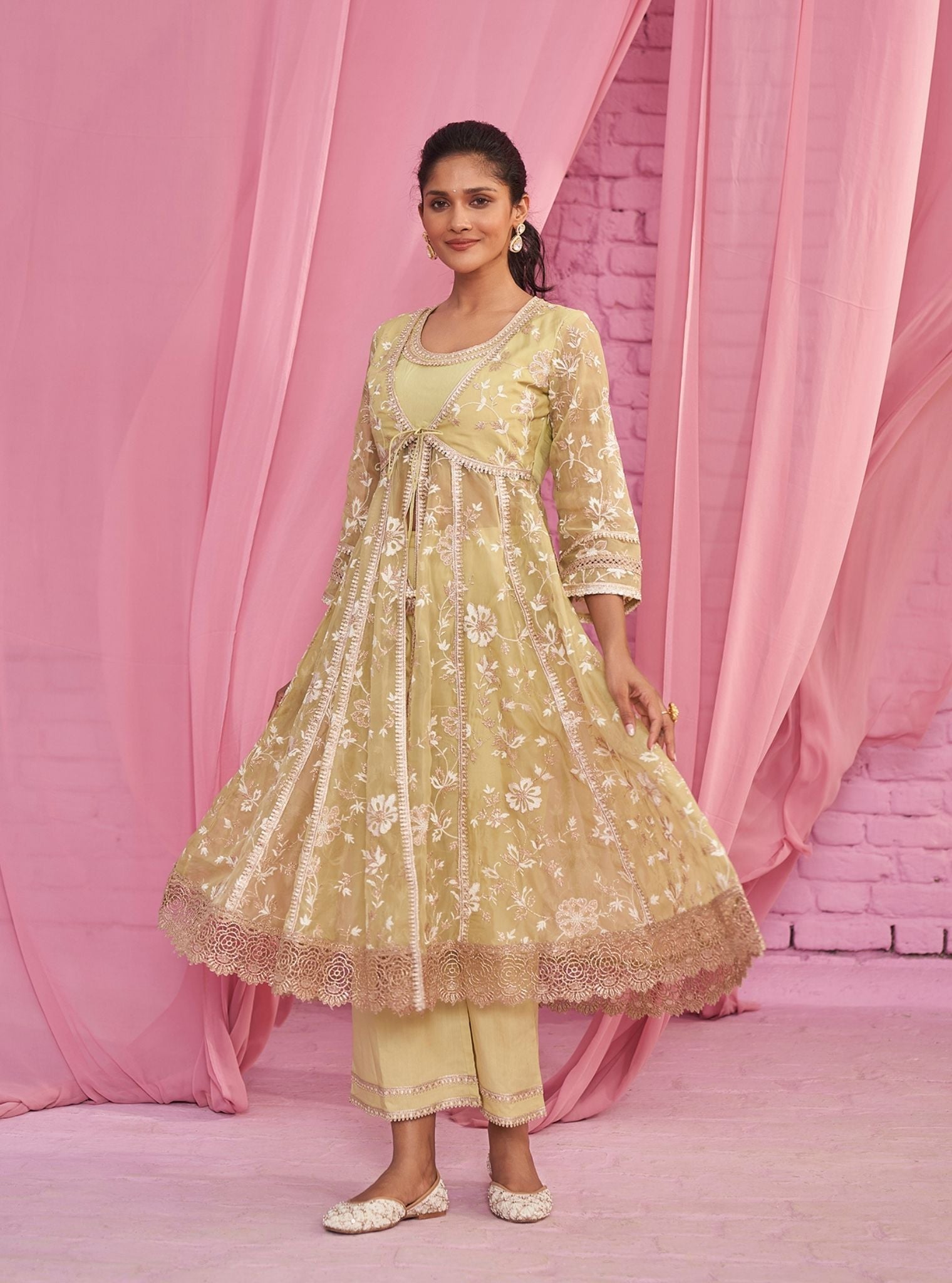 Sharvi Organza Lime Green Anarkali Kurta Set