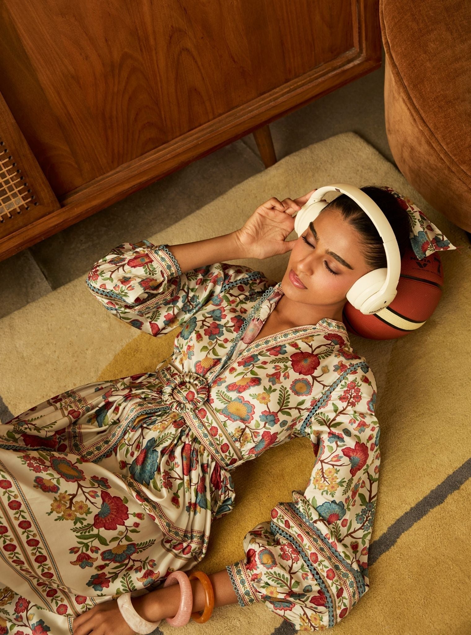 Khas Cupro Satin Off White Printed Dress