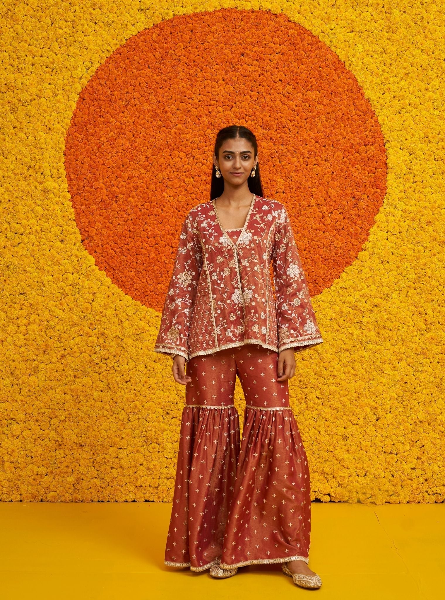 Jiya Tissue Linen Satin Red Top Set