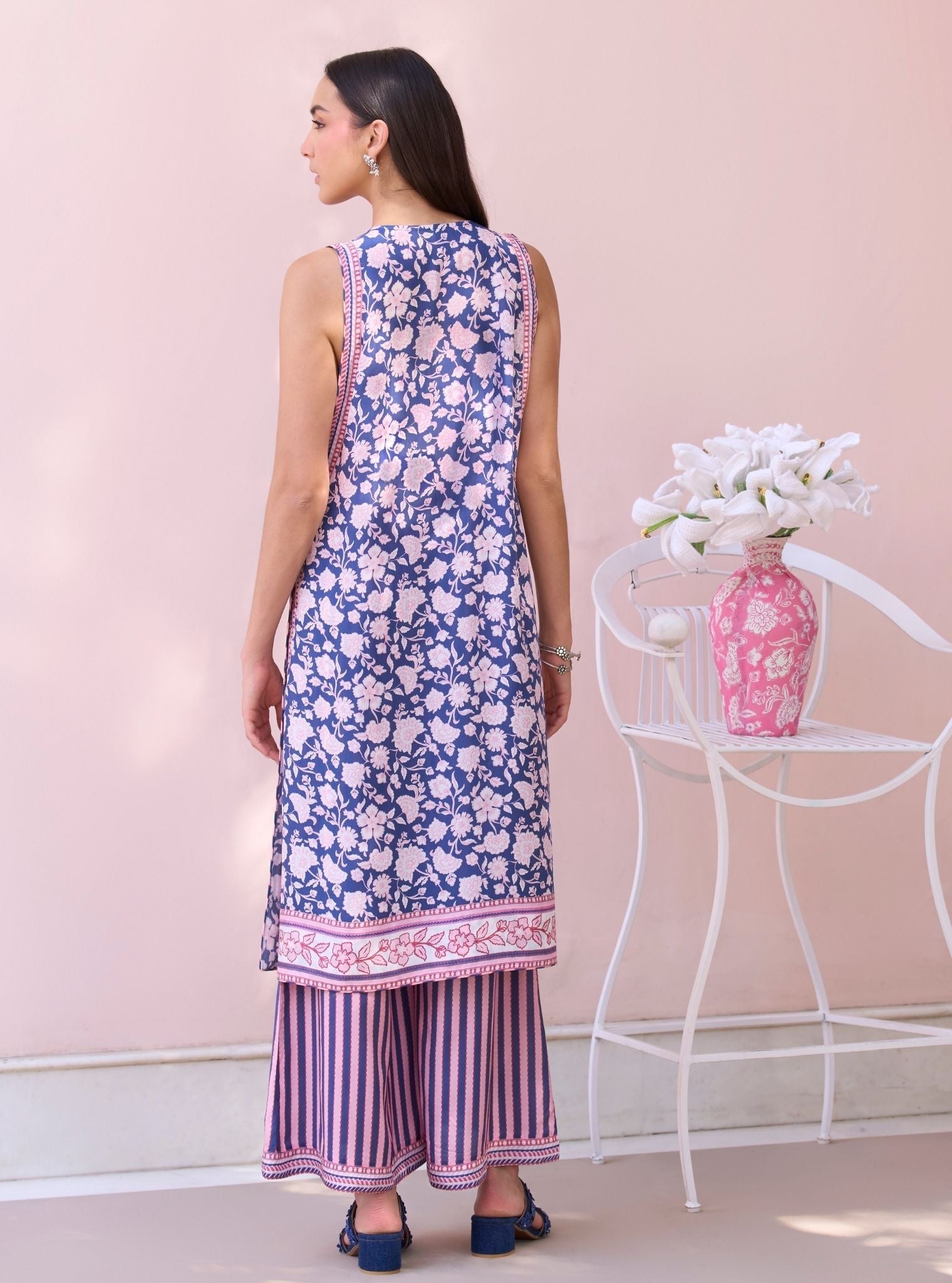 Maharose Navy Printed Lawn Jacket Set