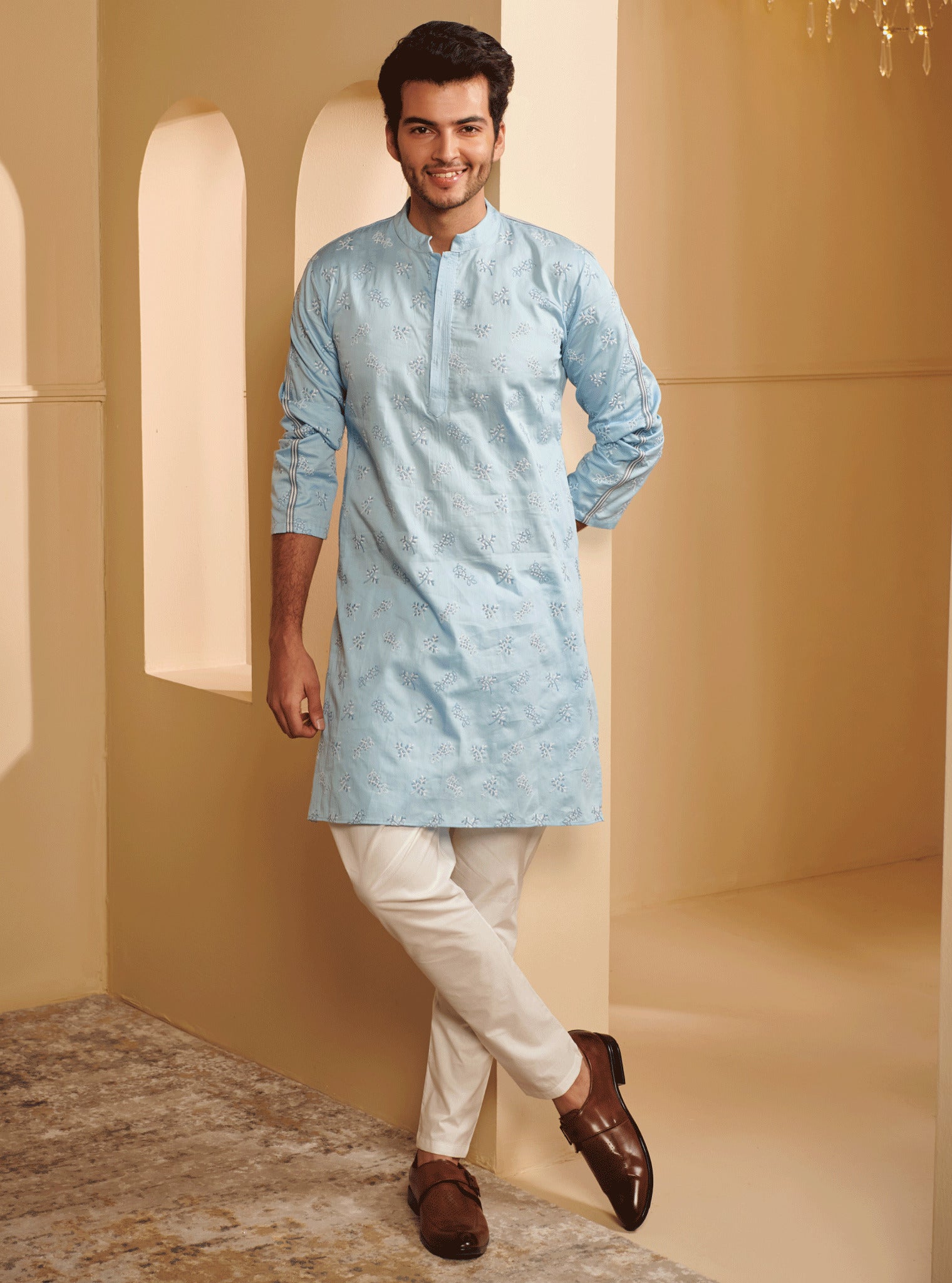Mulmul Pima Satin Elio light blue Kurta With Mulmul Supima Cotton Elio White Pyajama