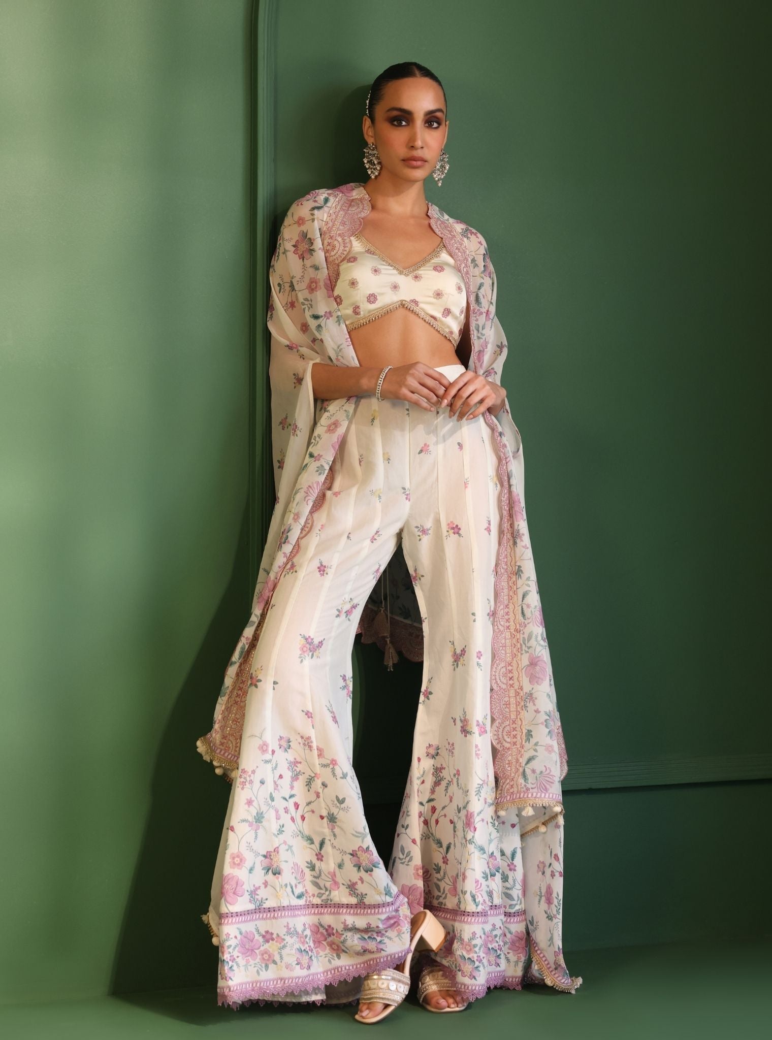 Mulmul Organza Printed Laila Off White Cape Shrug With Mulmul Lawn Printed Laila Off White Sharara