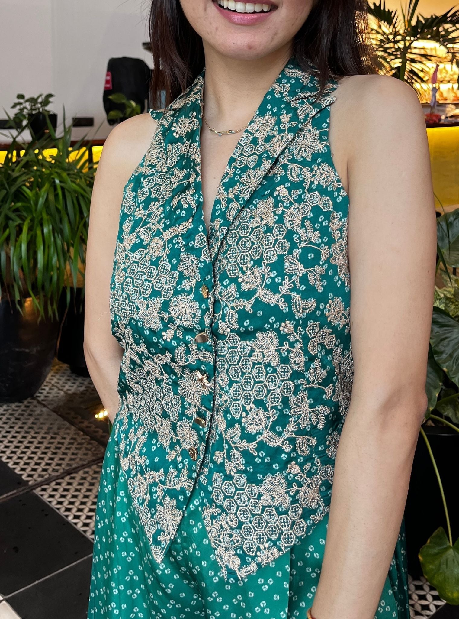 Kuhu Cupro Satin Printed Emerald Green Waistcoat With Wide Pleated Pant