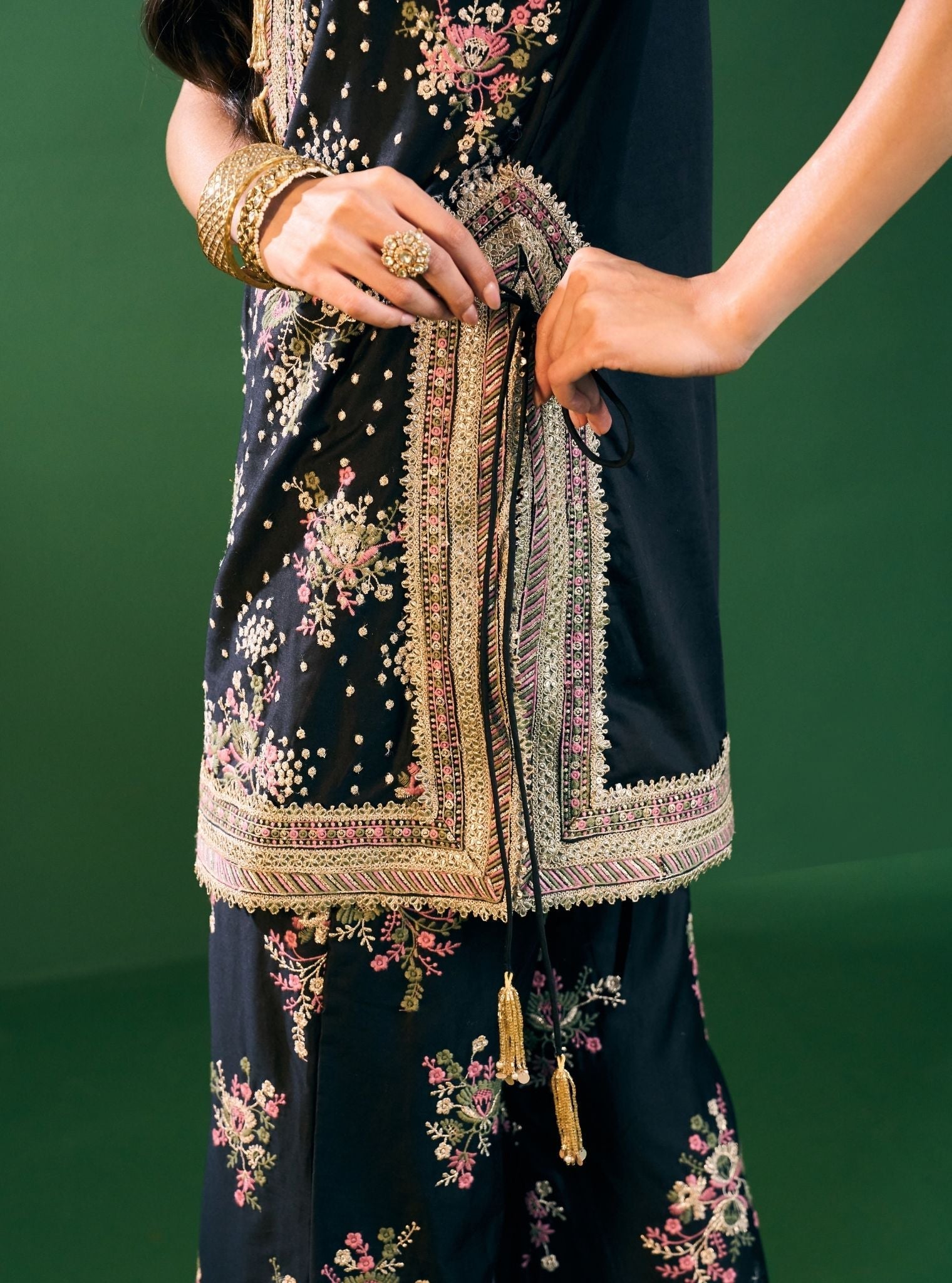 Lami Pima Satin Black Kurta With Flared Bell-Bottom Pants