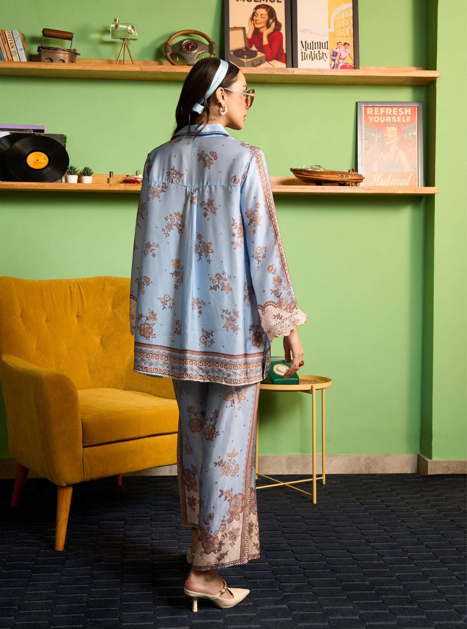 Mehrang Cupro Satin Blue Printed Shirt Set