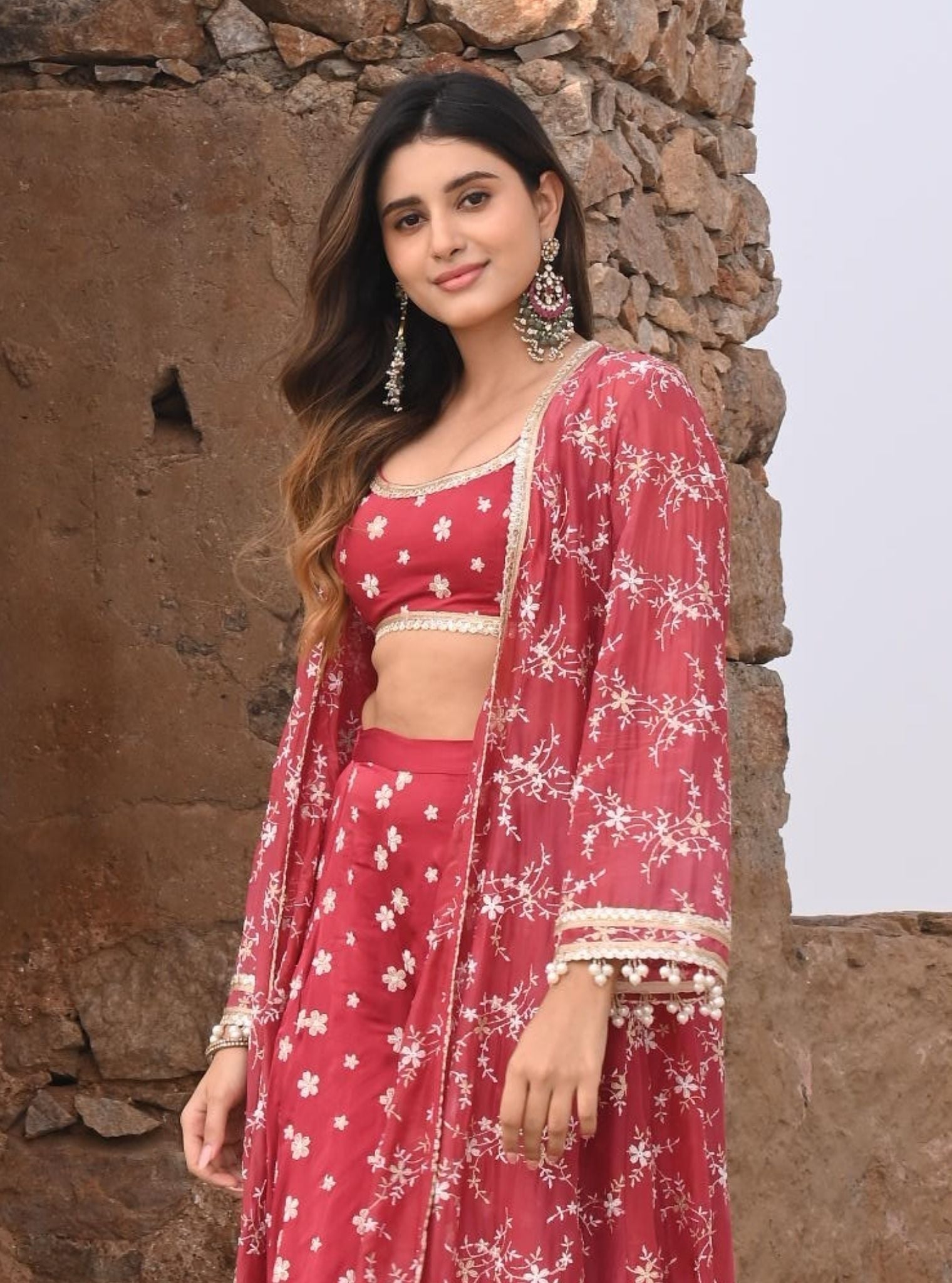 Nazm Luxe Silk Red Jacket with Sharara Set