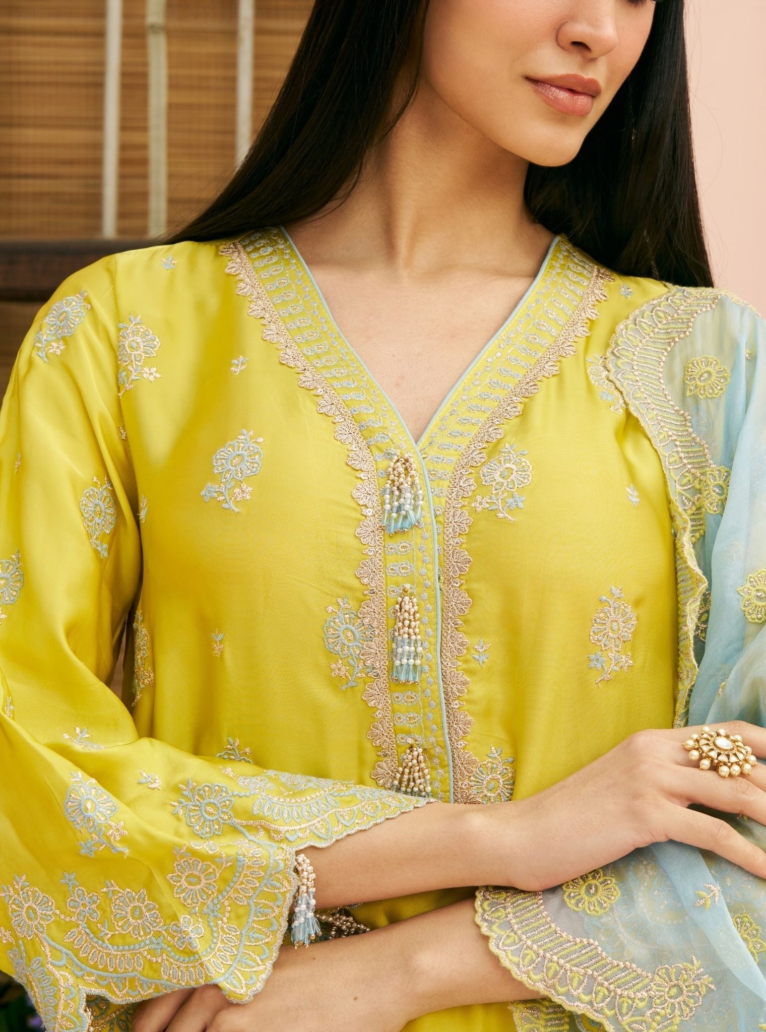 Phulkari Cupro Satin Lime Green Kurta Set