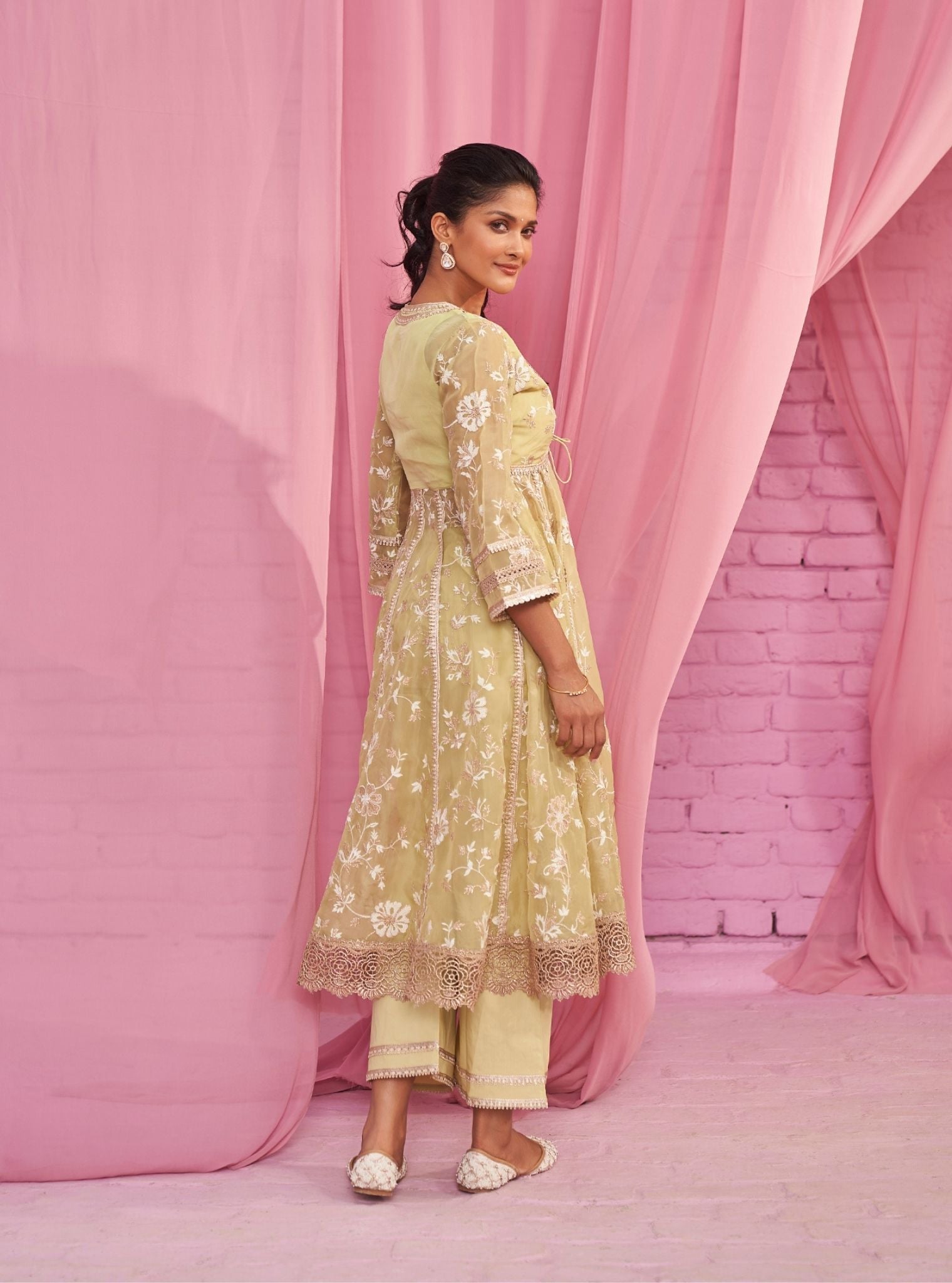 Sharvi Organza Lime Green Anarkali Kurta Set