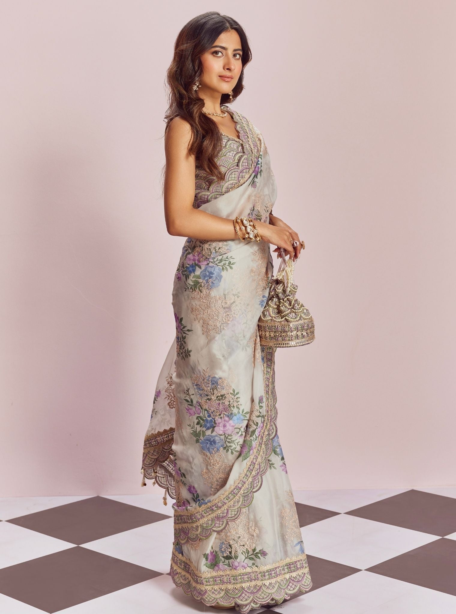 Swar Organza Printed White Saree