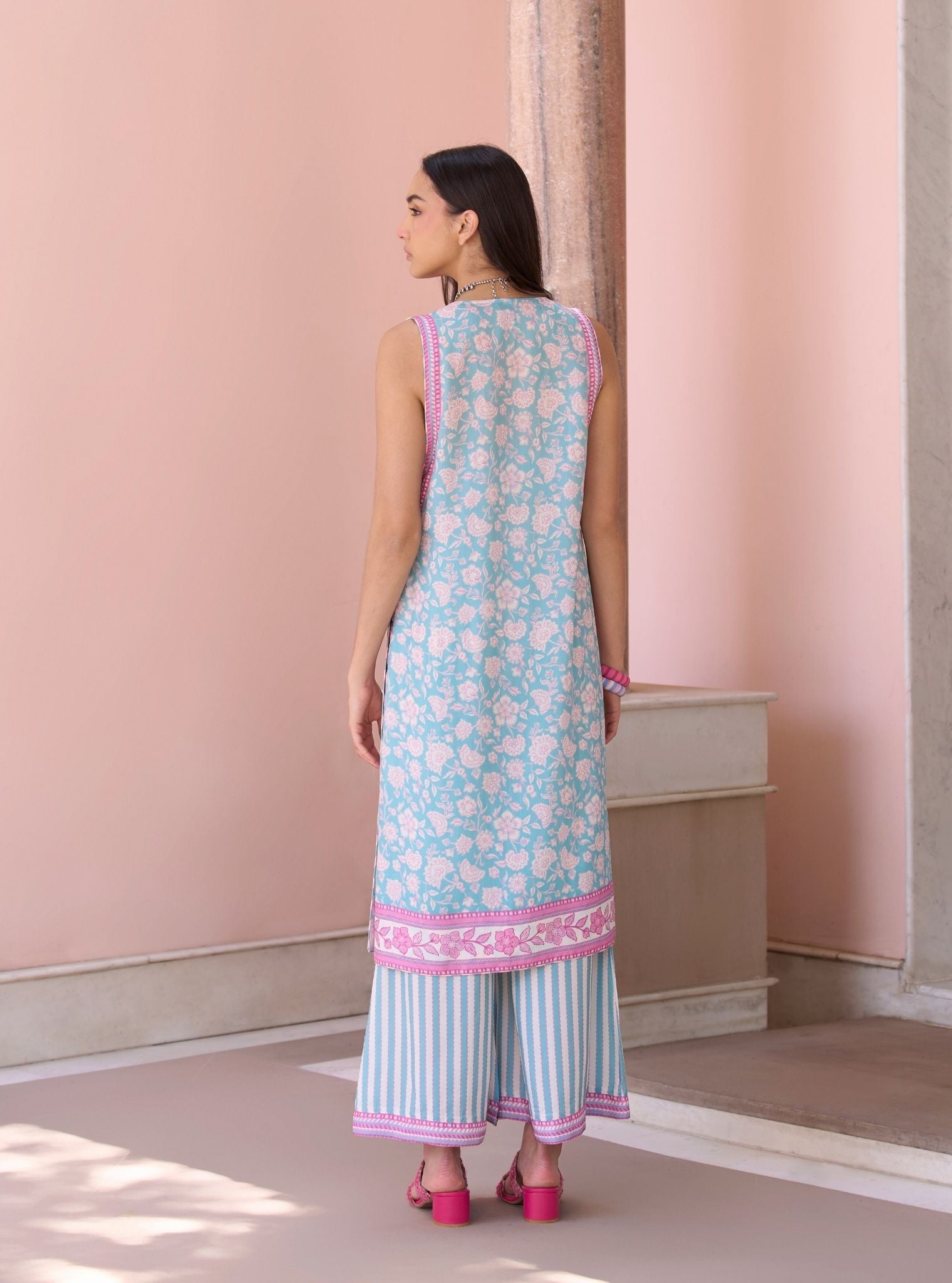 Maharose Teal Blue Printed Lawn Jacket Set