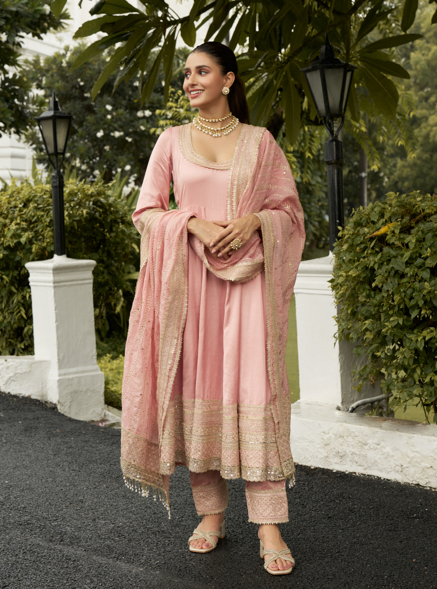 Mausami Pink Linen Satin Anarkali Kurta Set
