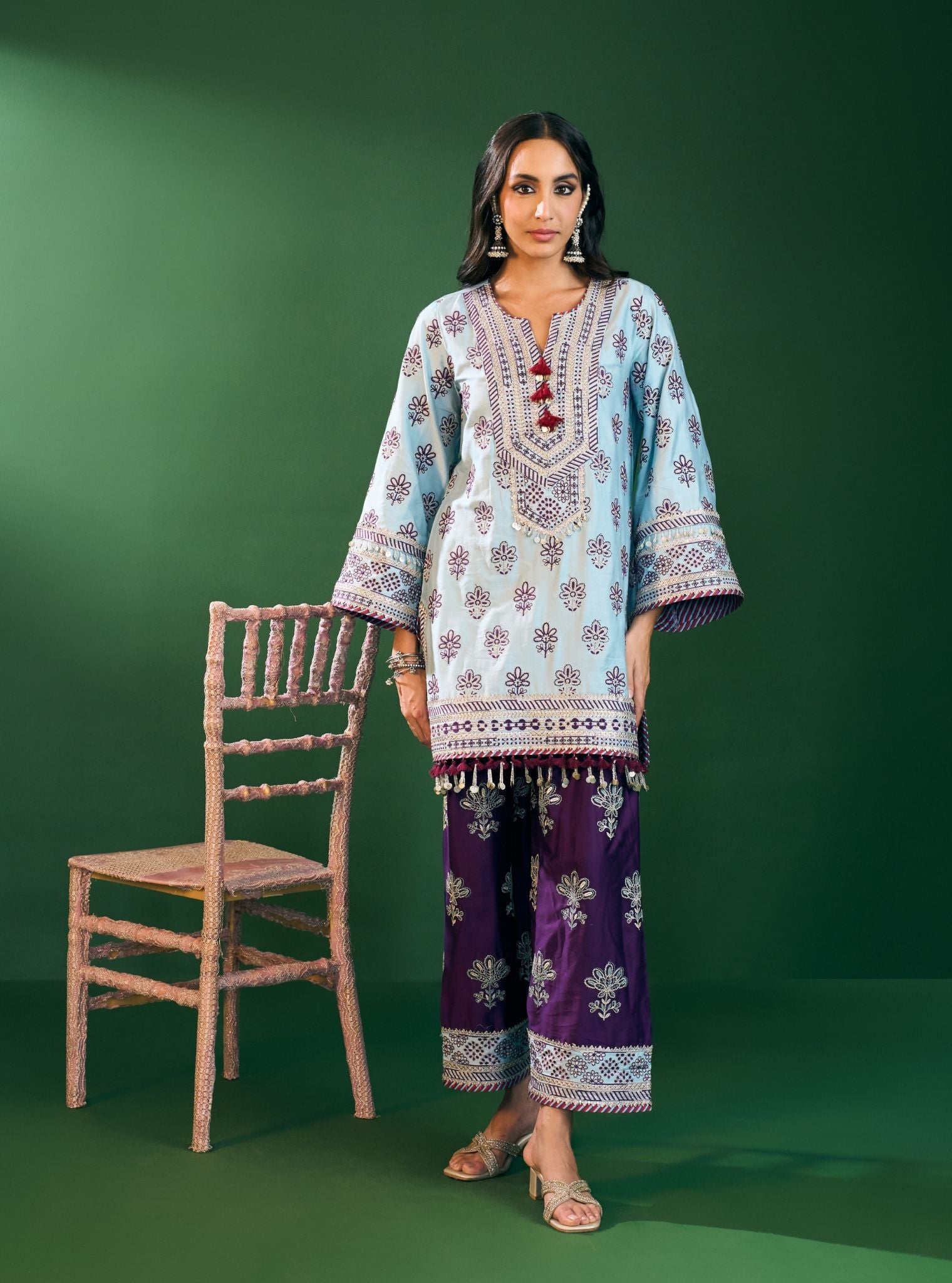 Lani Pima Satin Sky Blue Kurta With Purple Pant