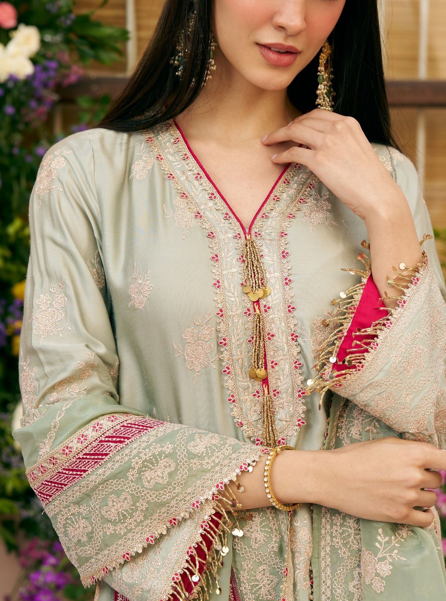 Saaj Cupro Satin Sage Green Kurta Set