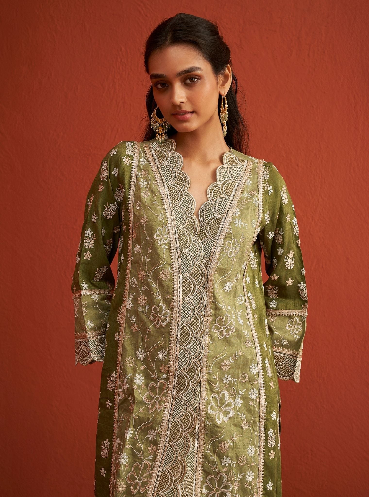 Sadke Tissue Linen Satin Sage Green Kurta Set