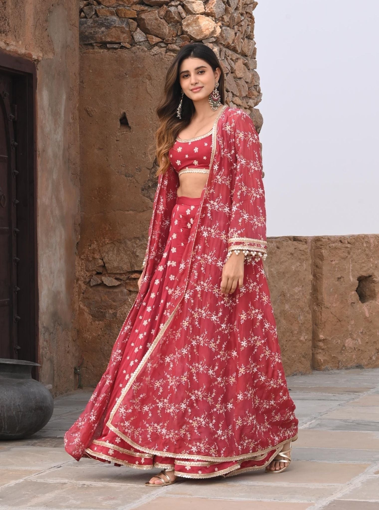 Nazm Luxe Silk Red Jacket with Sharara Set
