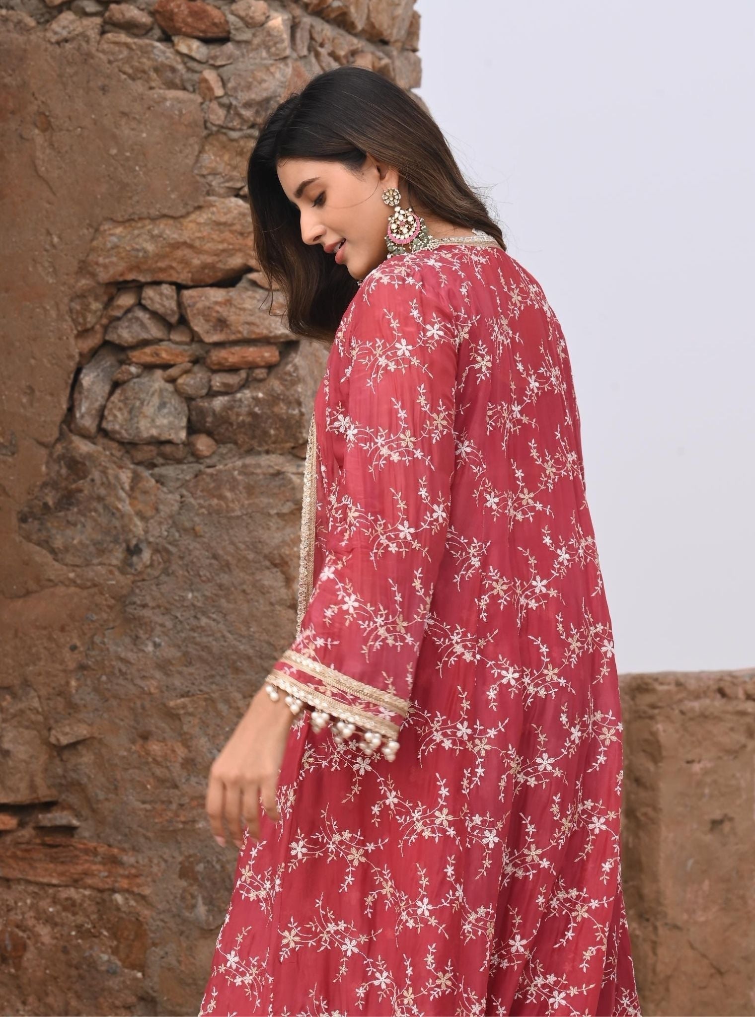 Nazm Luxe Silk Red Jacket with Sharara Set