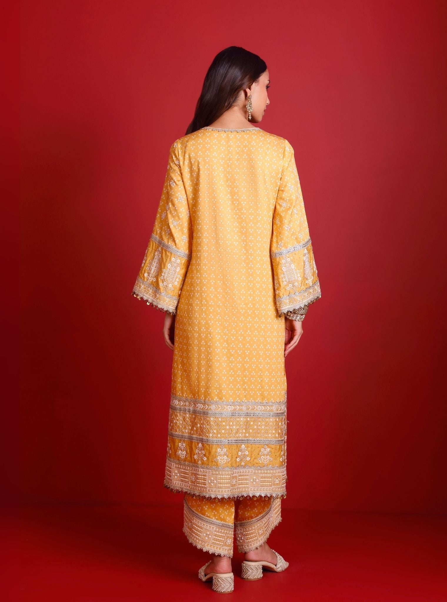 Lari Pima Satin Printed Mustard Kurta Set