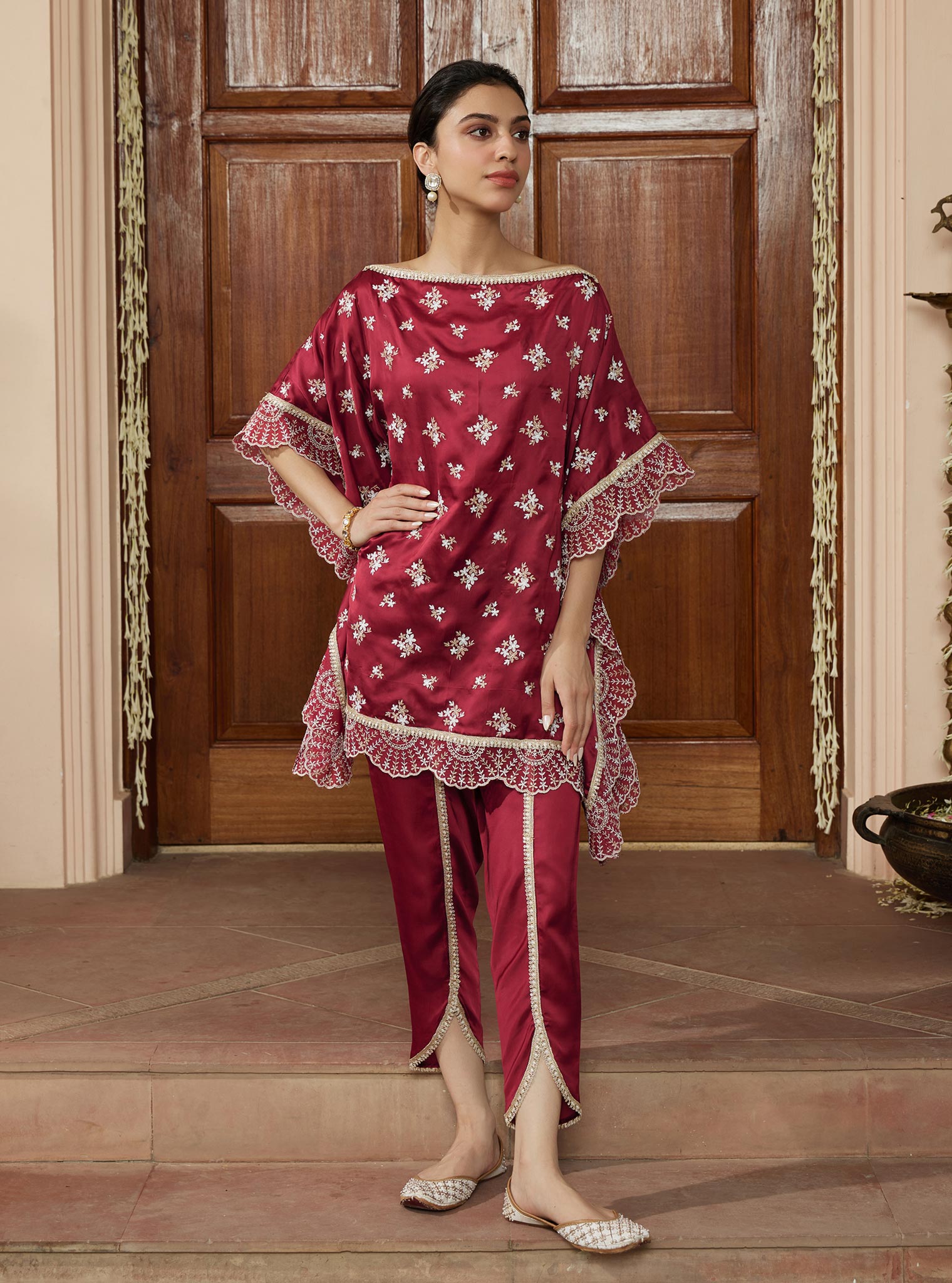 Kasuni Cupro Wine Kaftan with Dhoti Pant Set