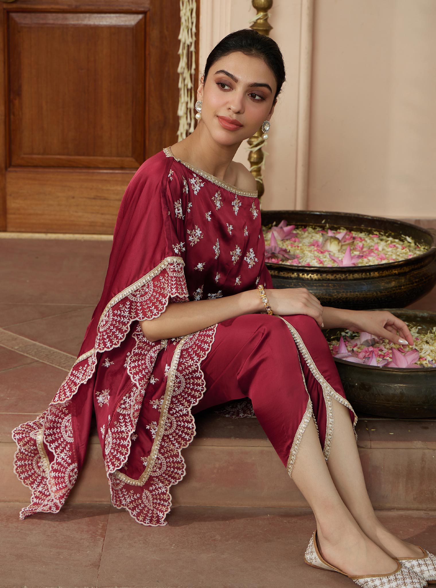 Kasuni Cupro Wine Kaftan with Dhoti Pant Set