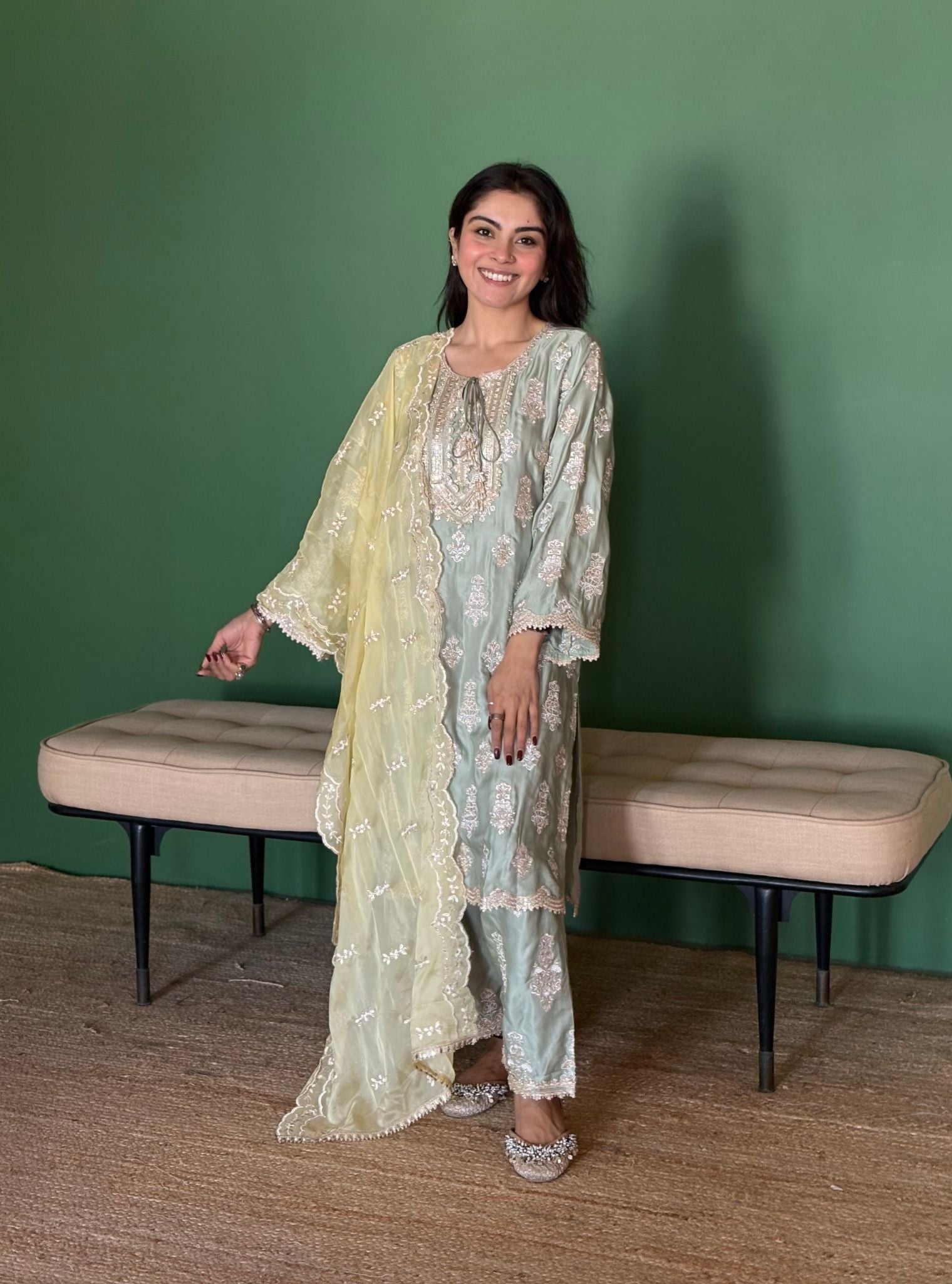 Intira Tissue Linen Satin Sage Green Kurta Set