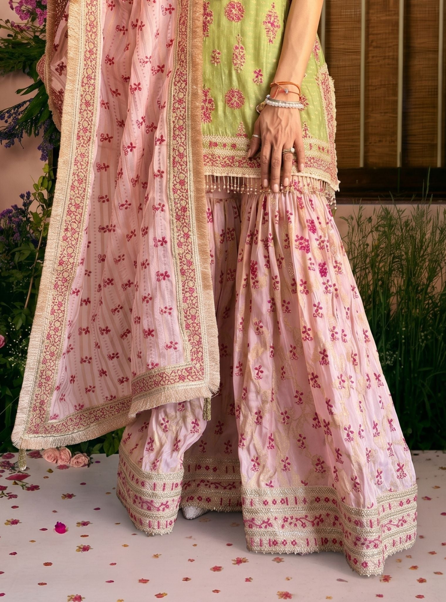 Dali Banarasi Green Kurta with Garara
