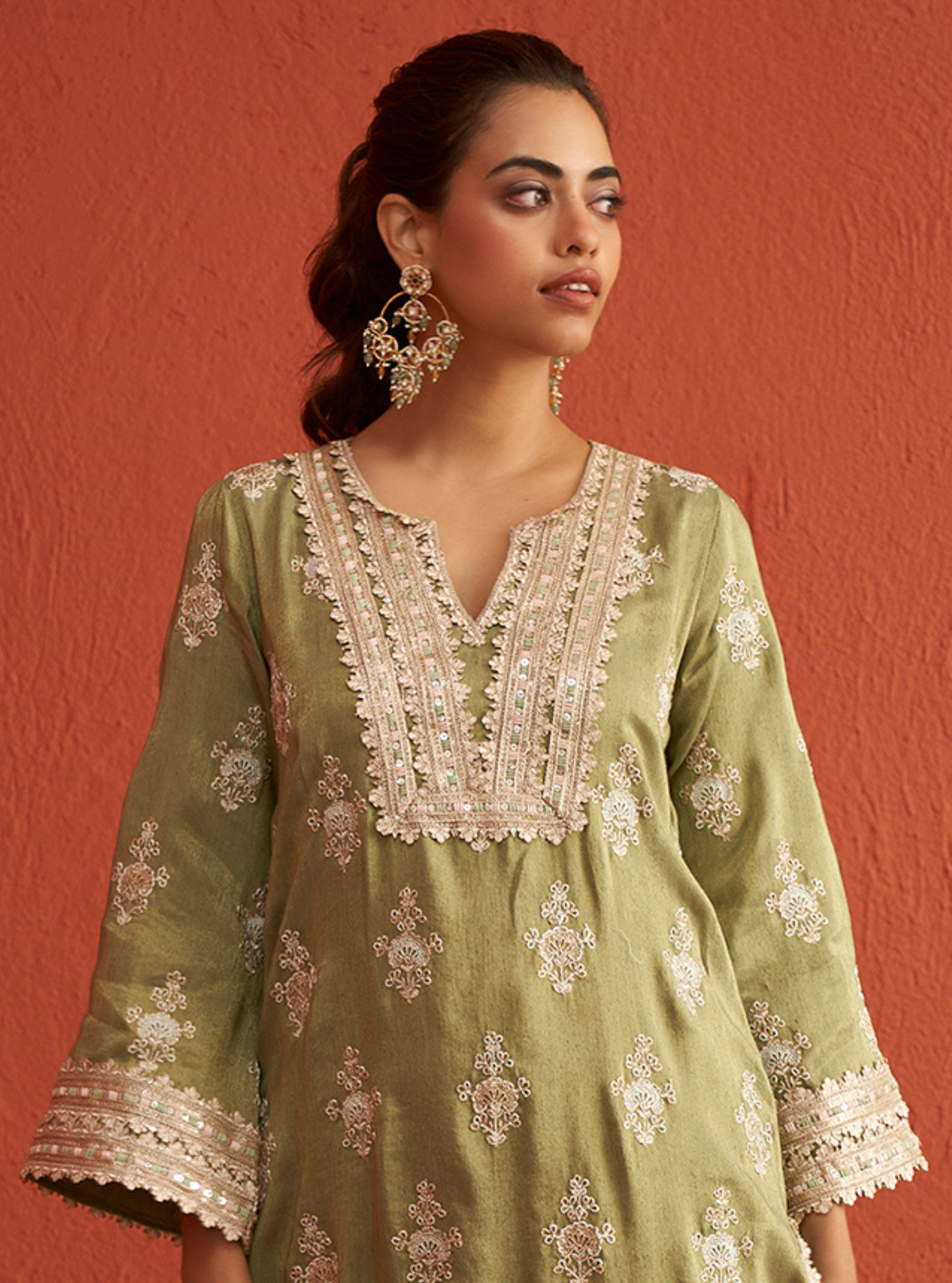 Mitthi Luxe Tissue Sage Green Kurta Set