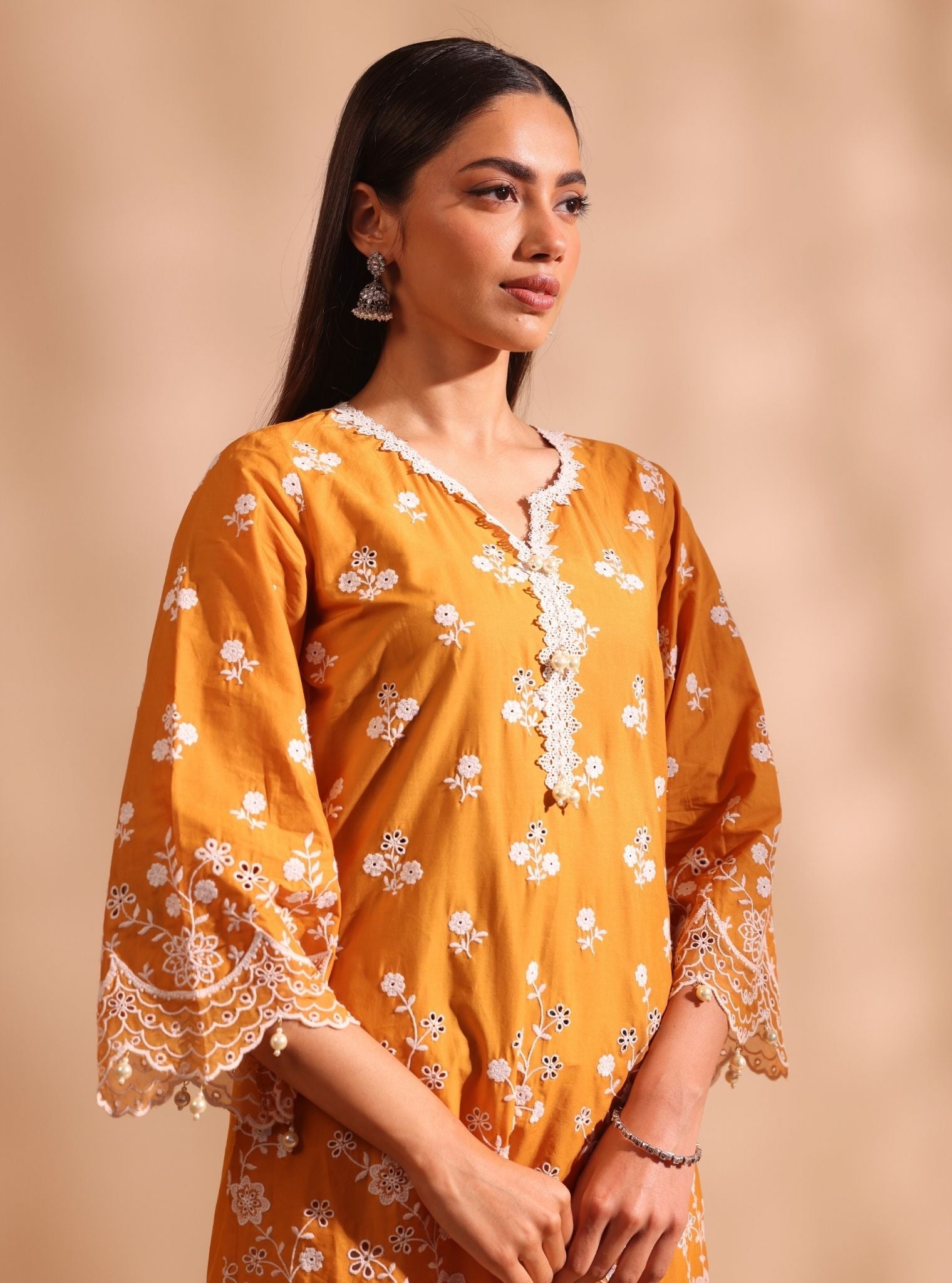 Suma Supima Cotton Orange Kurta With Cosette Pant