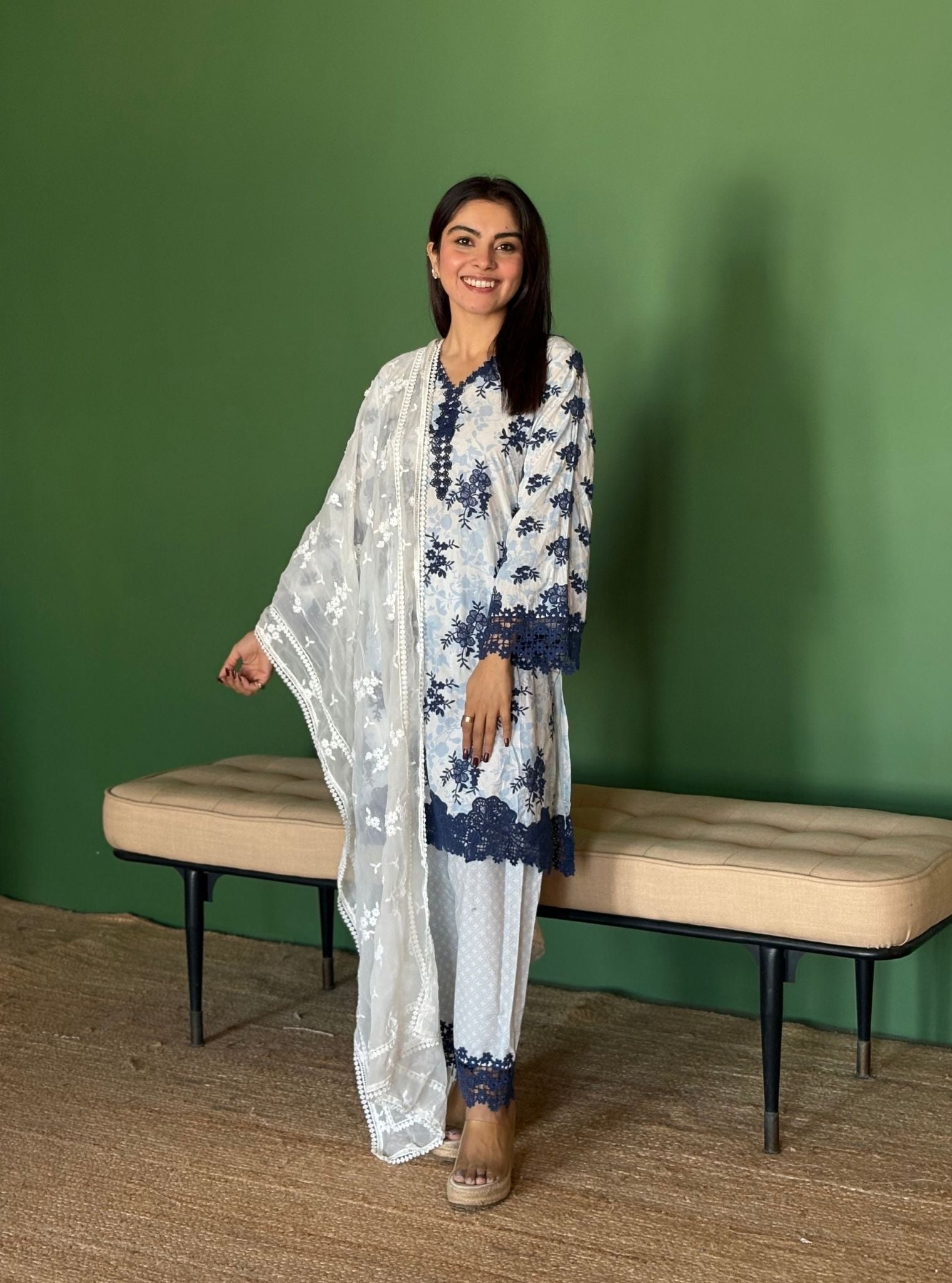 Yamya Supima Cotton Print Blue Kurta Set