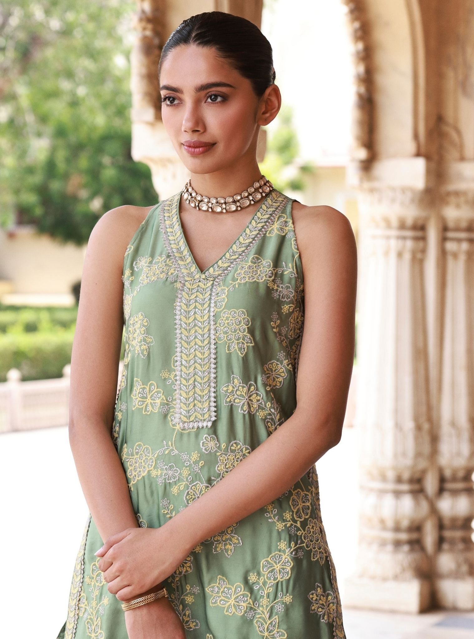 Jivara Bemberg Satin Sage Green Kurta Set