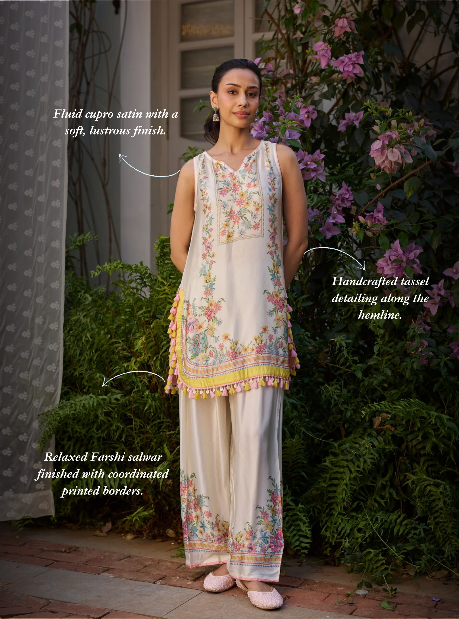 Zivae Cupro Satin Printed Off White Kurta With Farshi Salwar