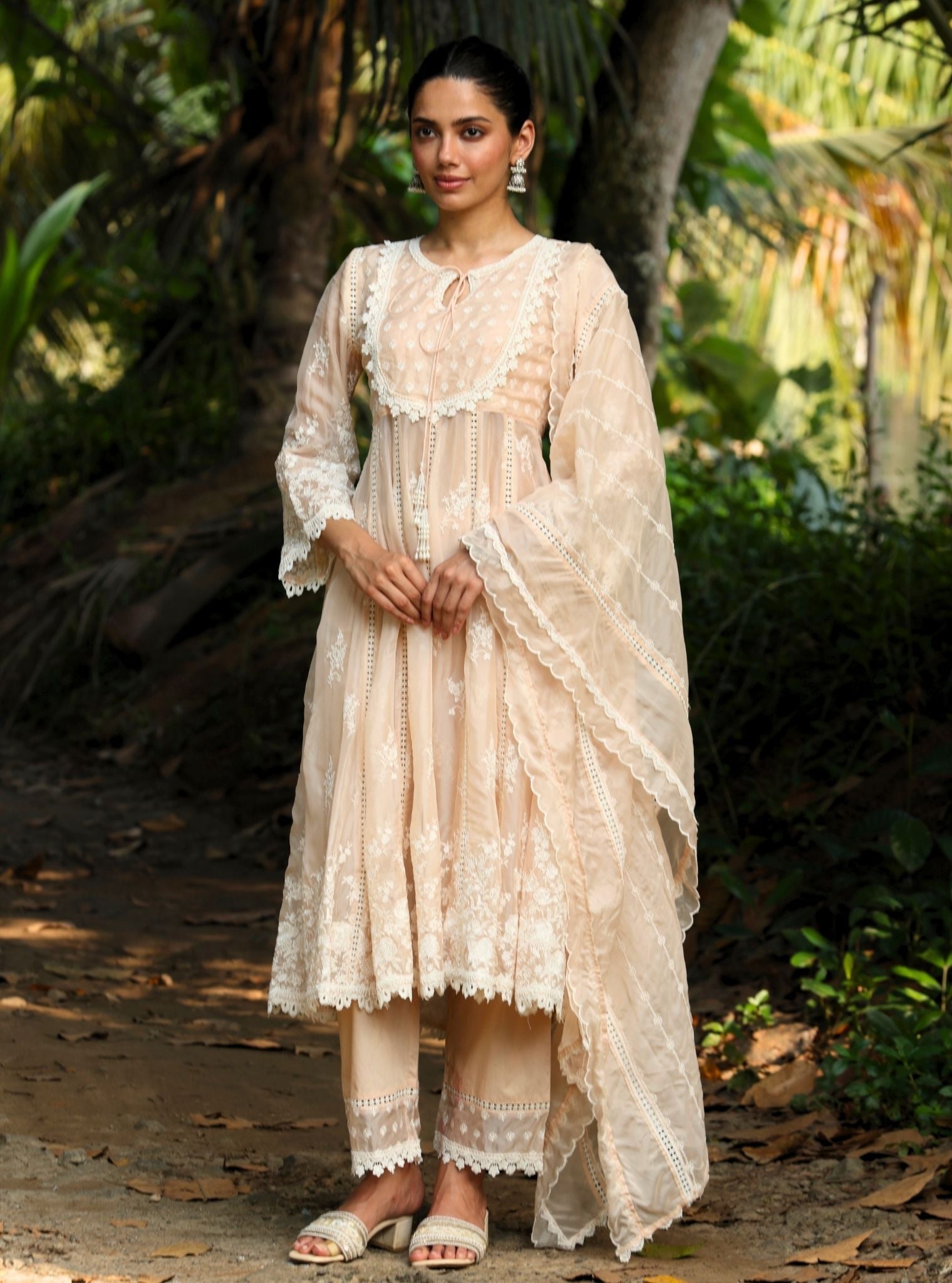Neesa Organza Beige Anarkali Kurta Set