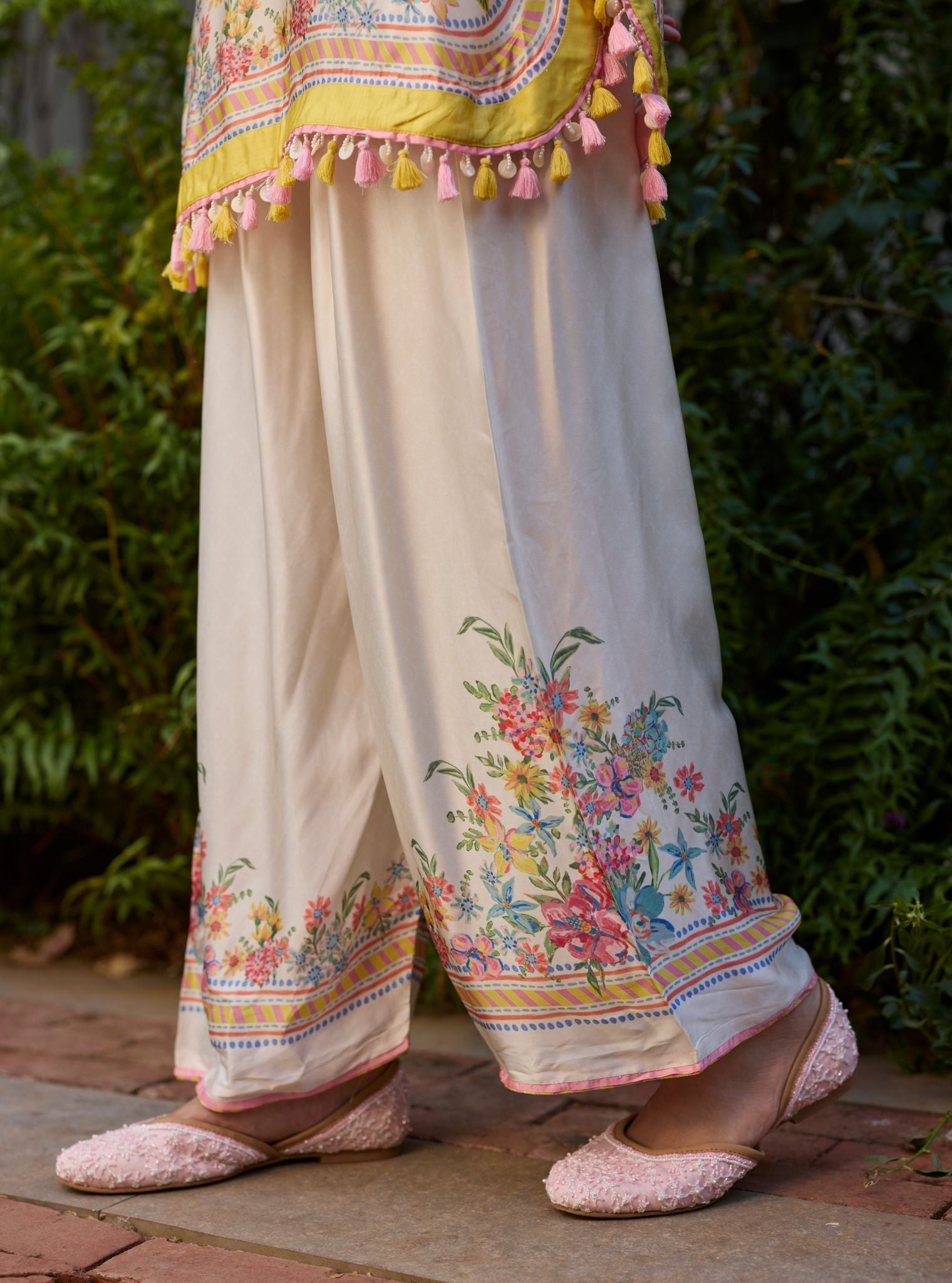 Zivae Cupro Satin Printed Off White Kurta With Farshi Salwar