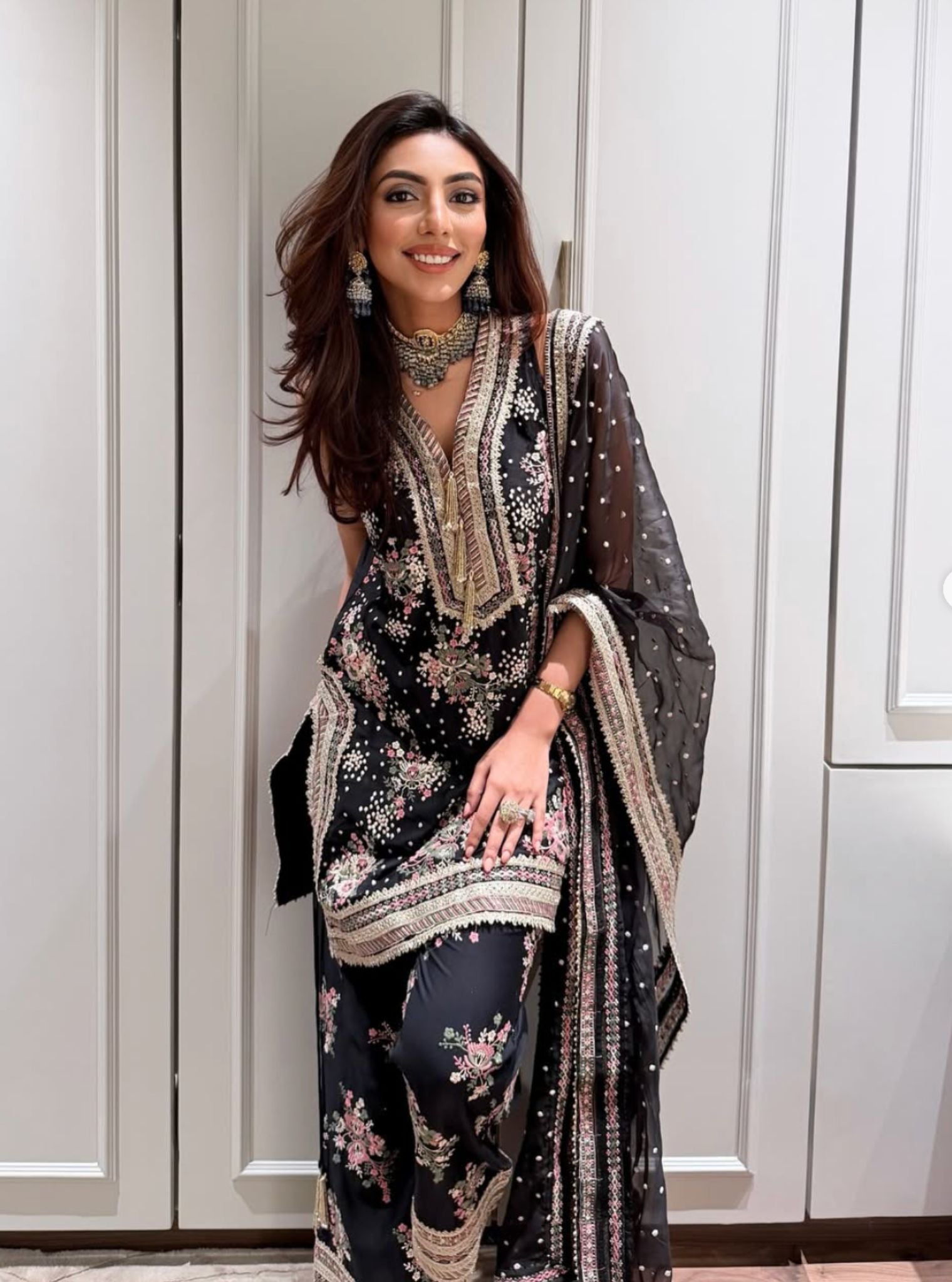 Lami Pima Satin Black Kurta With Flared Bell-Bottom Pants