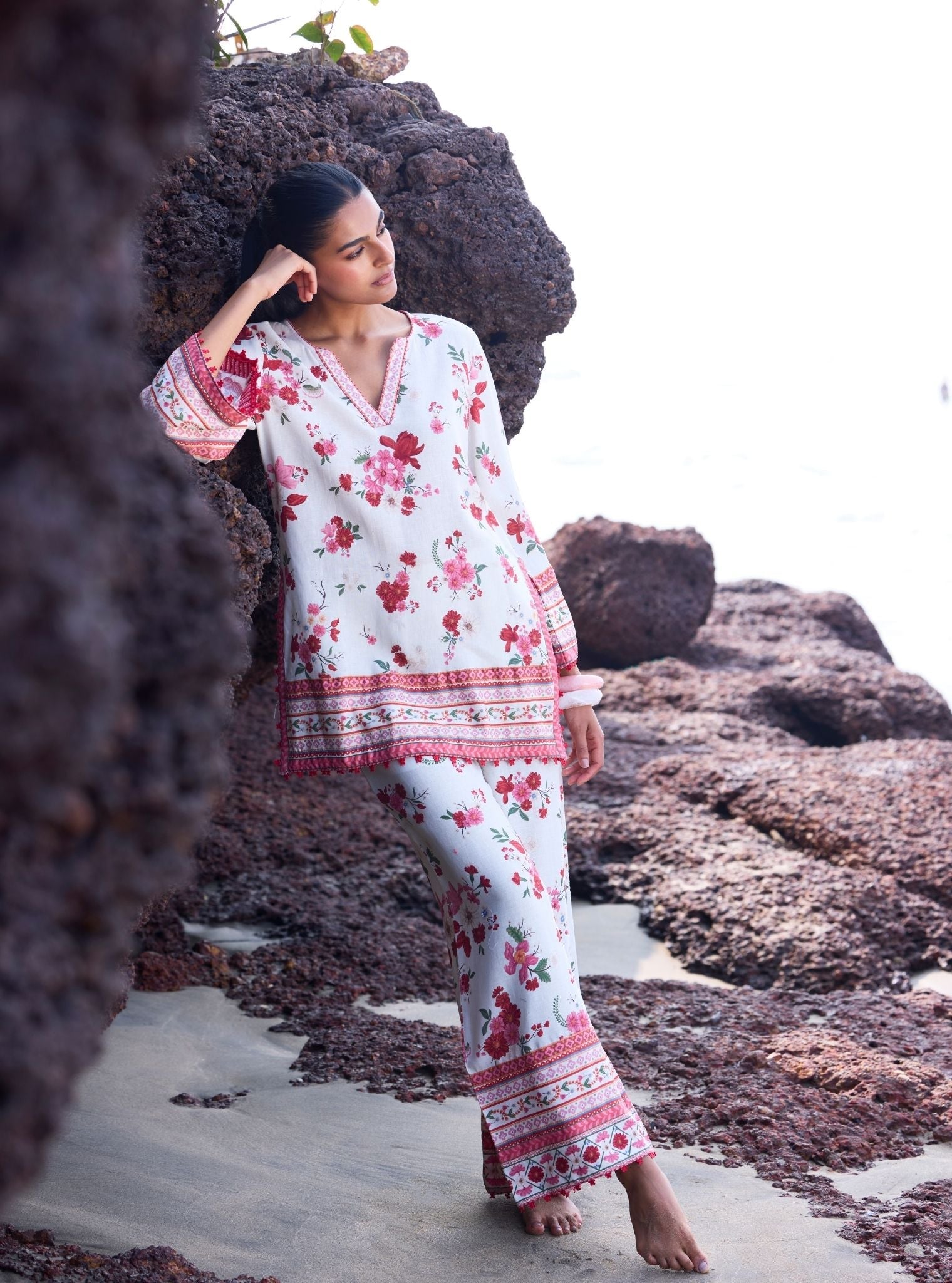 Aelani Linen Printed Off White Top Set