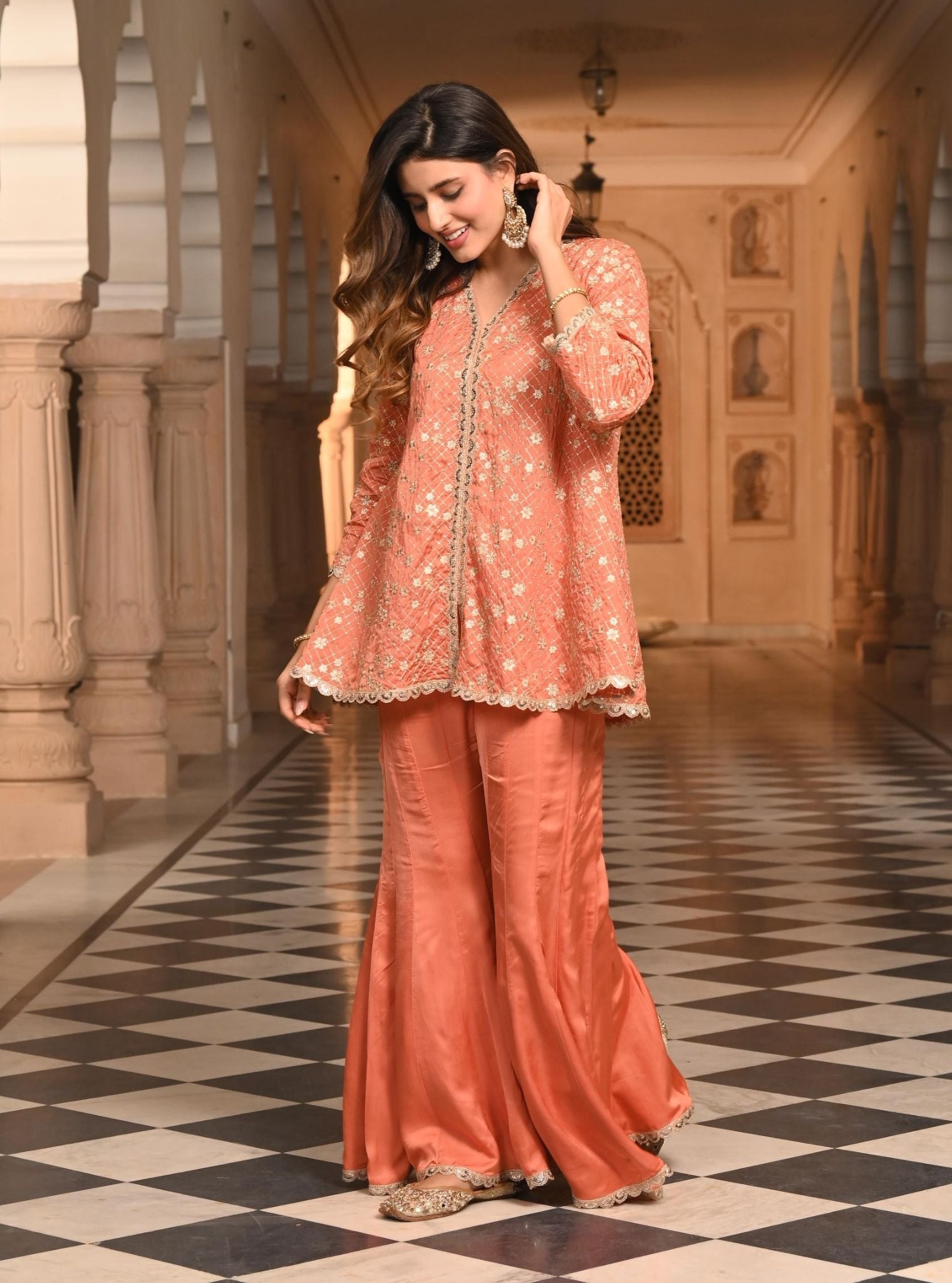 Afreen Organza Satin Burnt Orange Top with Sharara Set