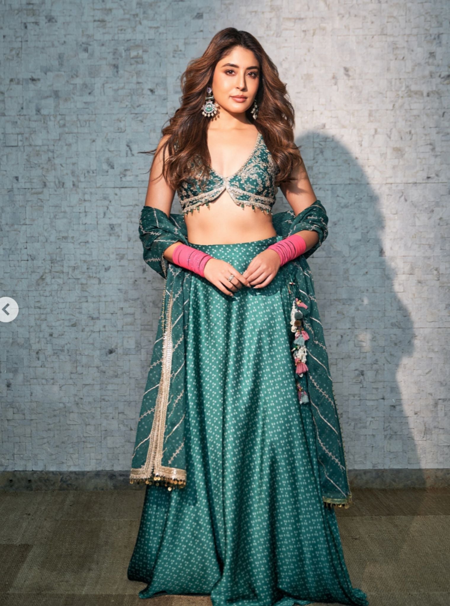 Kuni Cupro Satin Printed Emerald Green Skirt Set