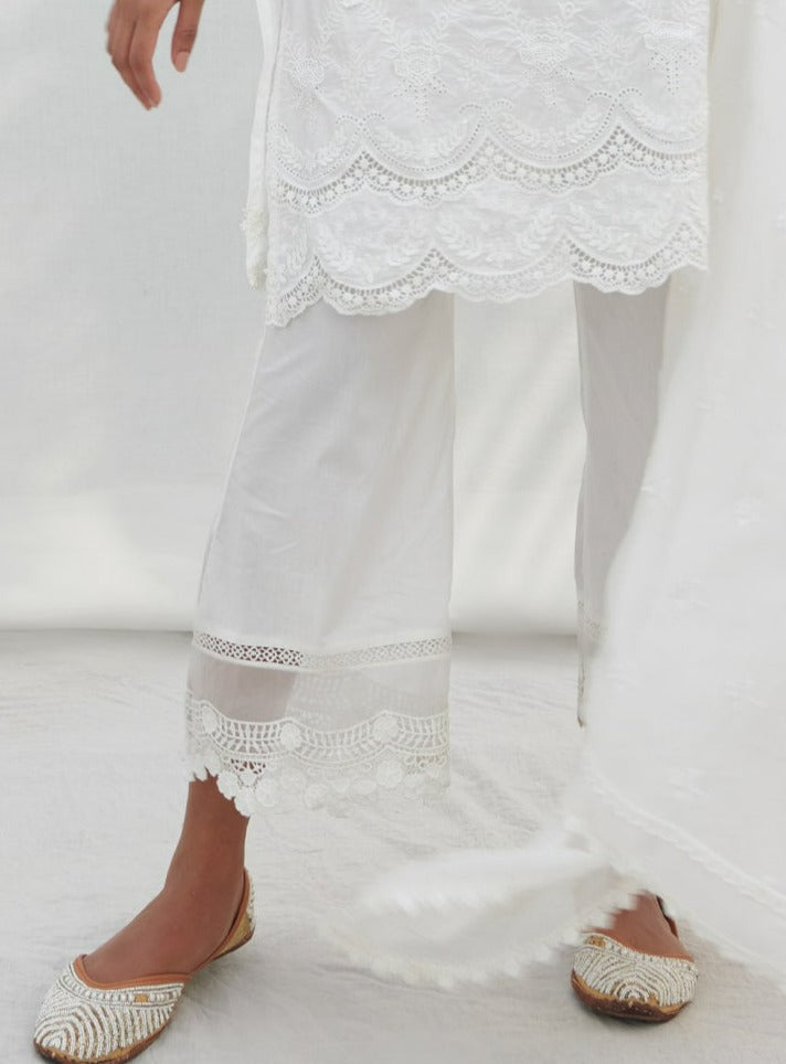 Mulmul Supima Cotton Floral Lace Flared White Pant