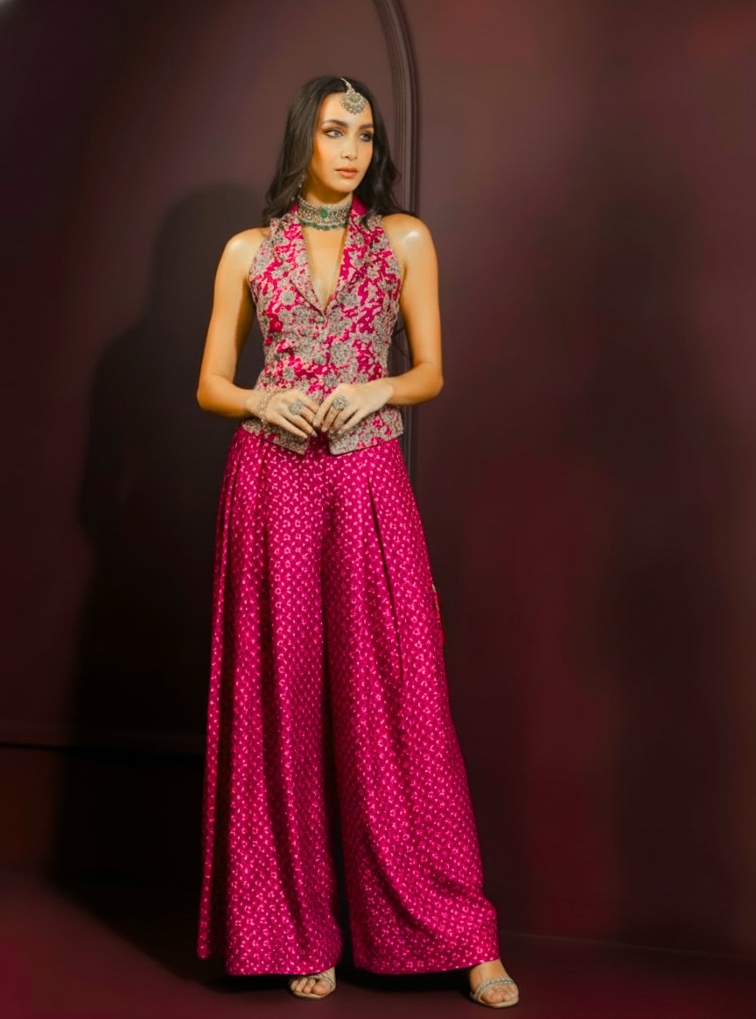 Kuhu Cupro Satin Printed Fuchsia Waistcoat with Wide Pleated Pants