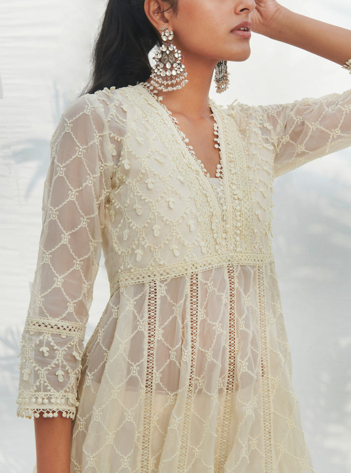 Mulmul Organza Anarkali Dori White Kurta