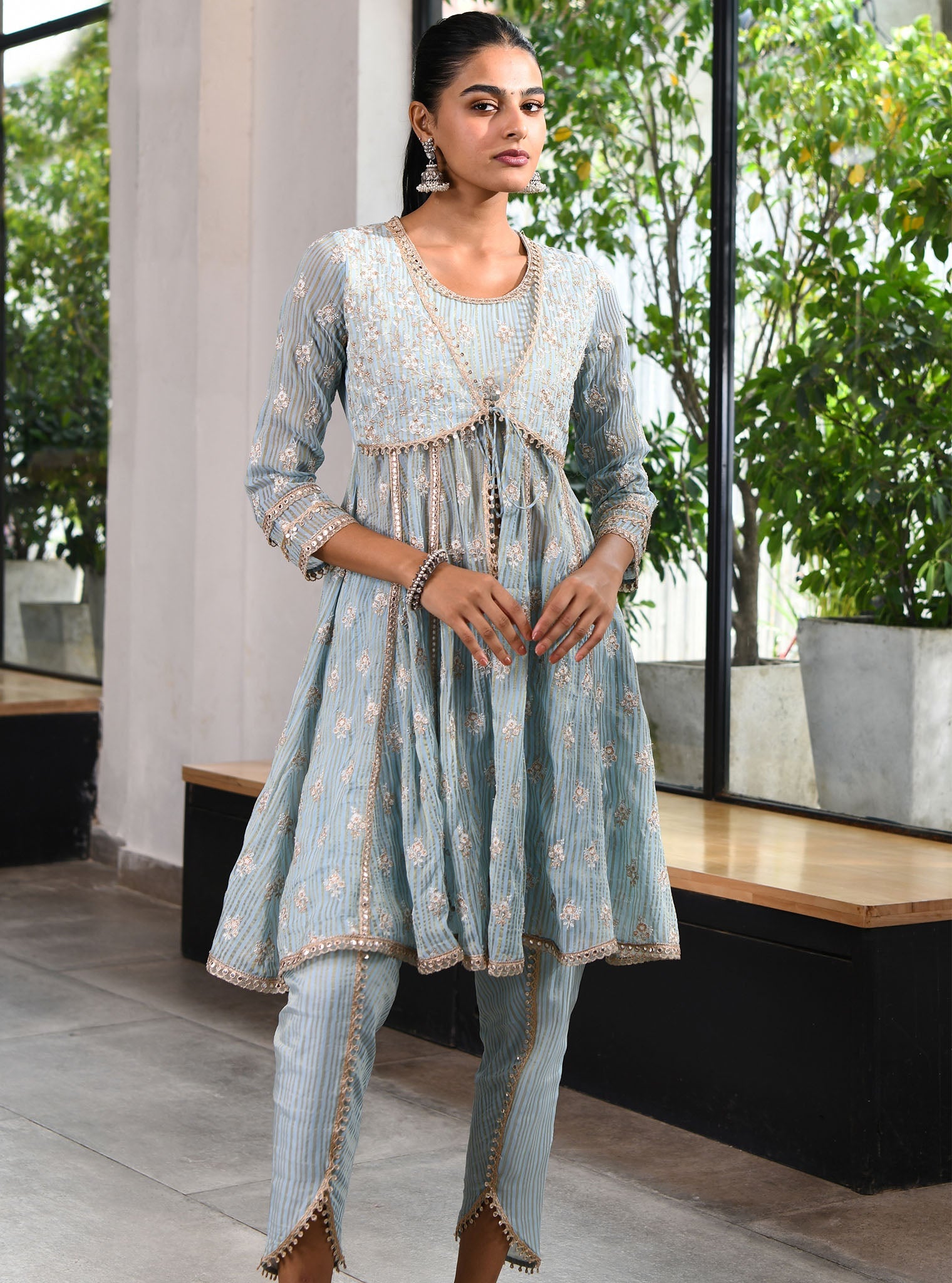 Mulmul Banarsi Finsbury Short Blue Anarkali Kurta